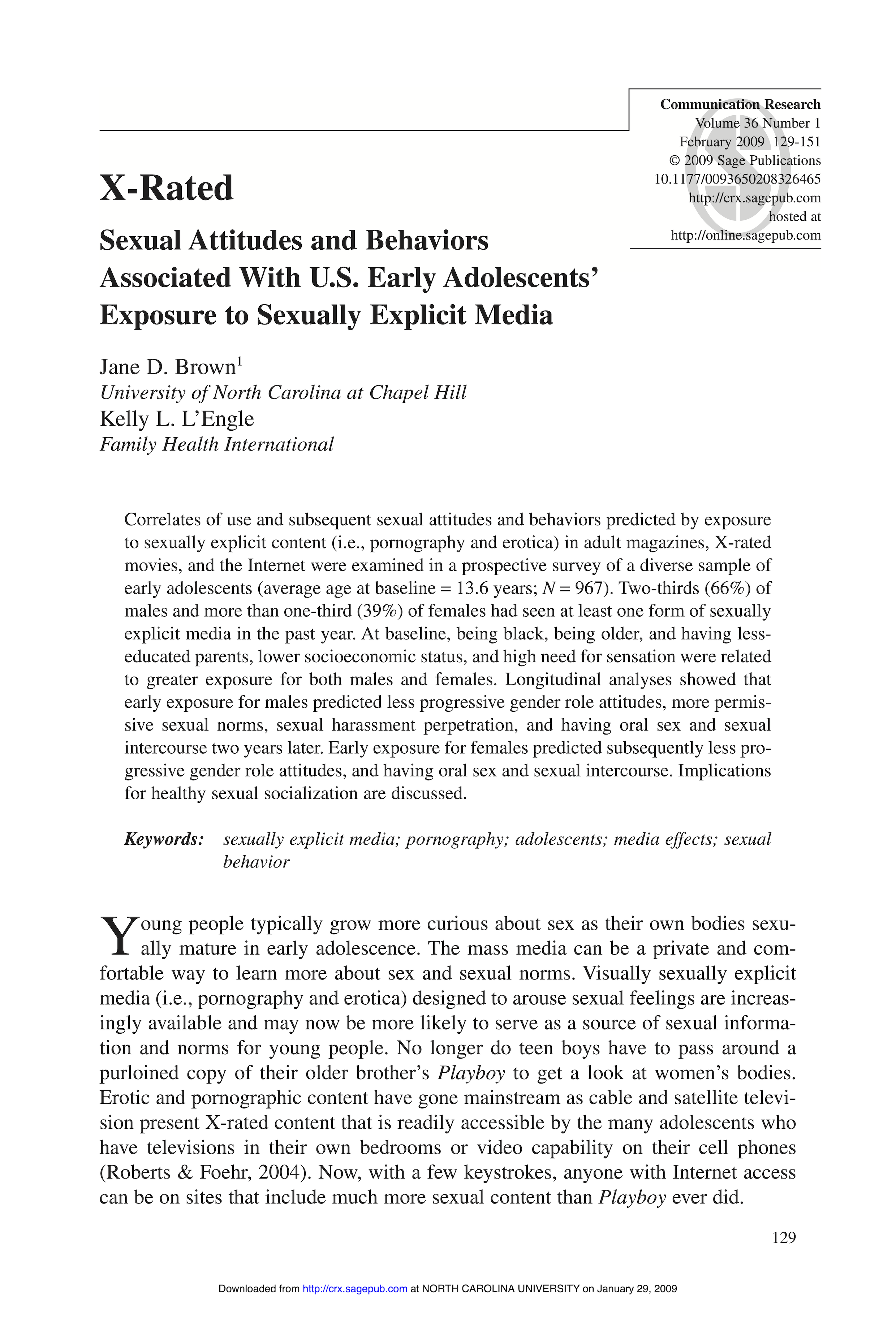 X-Rated: Sexual Attitudes and Behaviors Associated With U.S. Early Adolescents' Exposure to Sexually Explicit Media