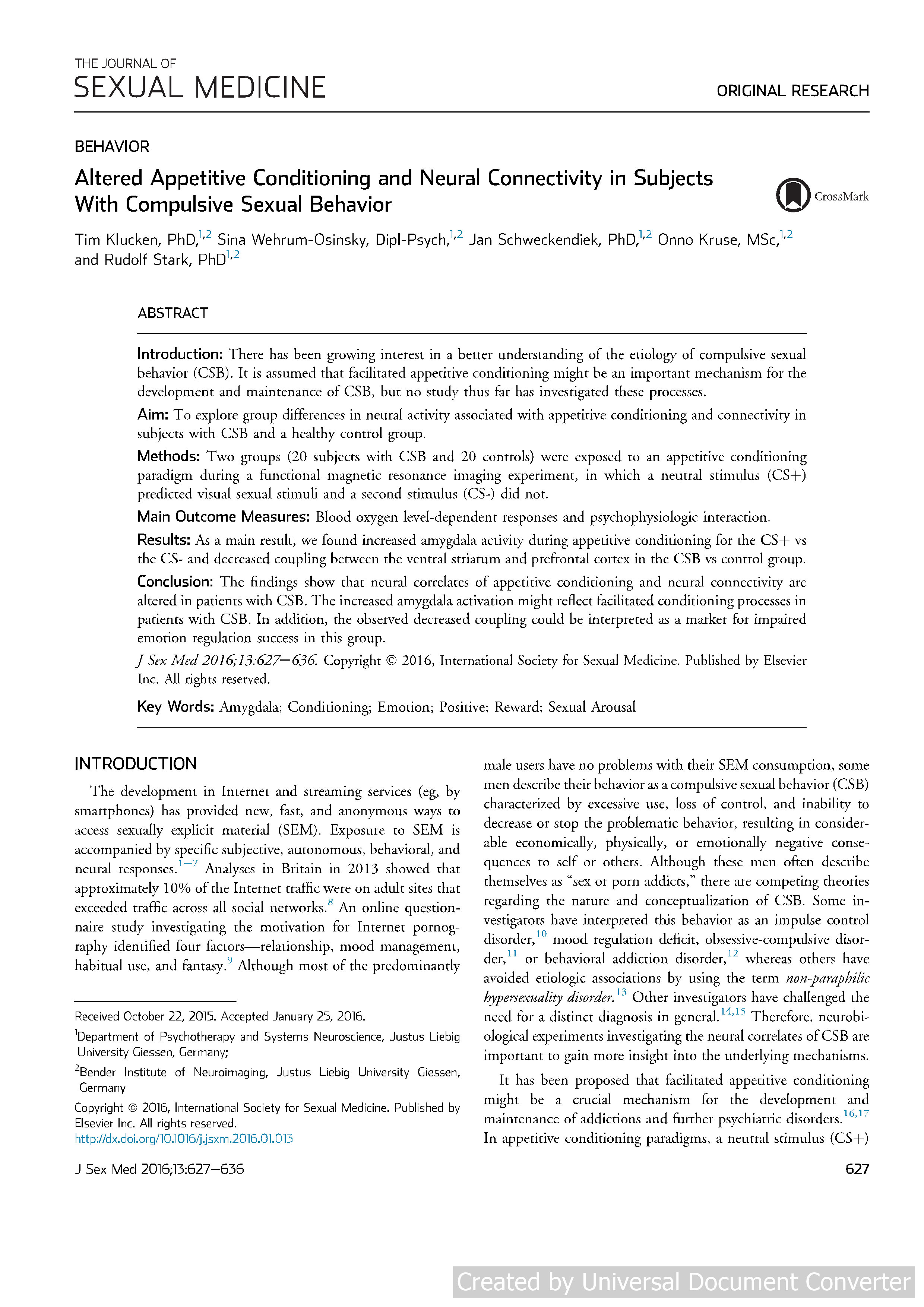 Altered Appetitive Conditioning and Neural Connectivity in Subjects With Compulsive Sexual Behavior