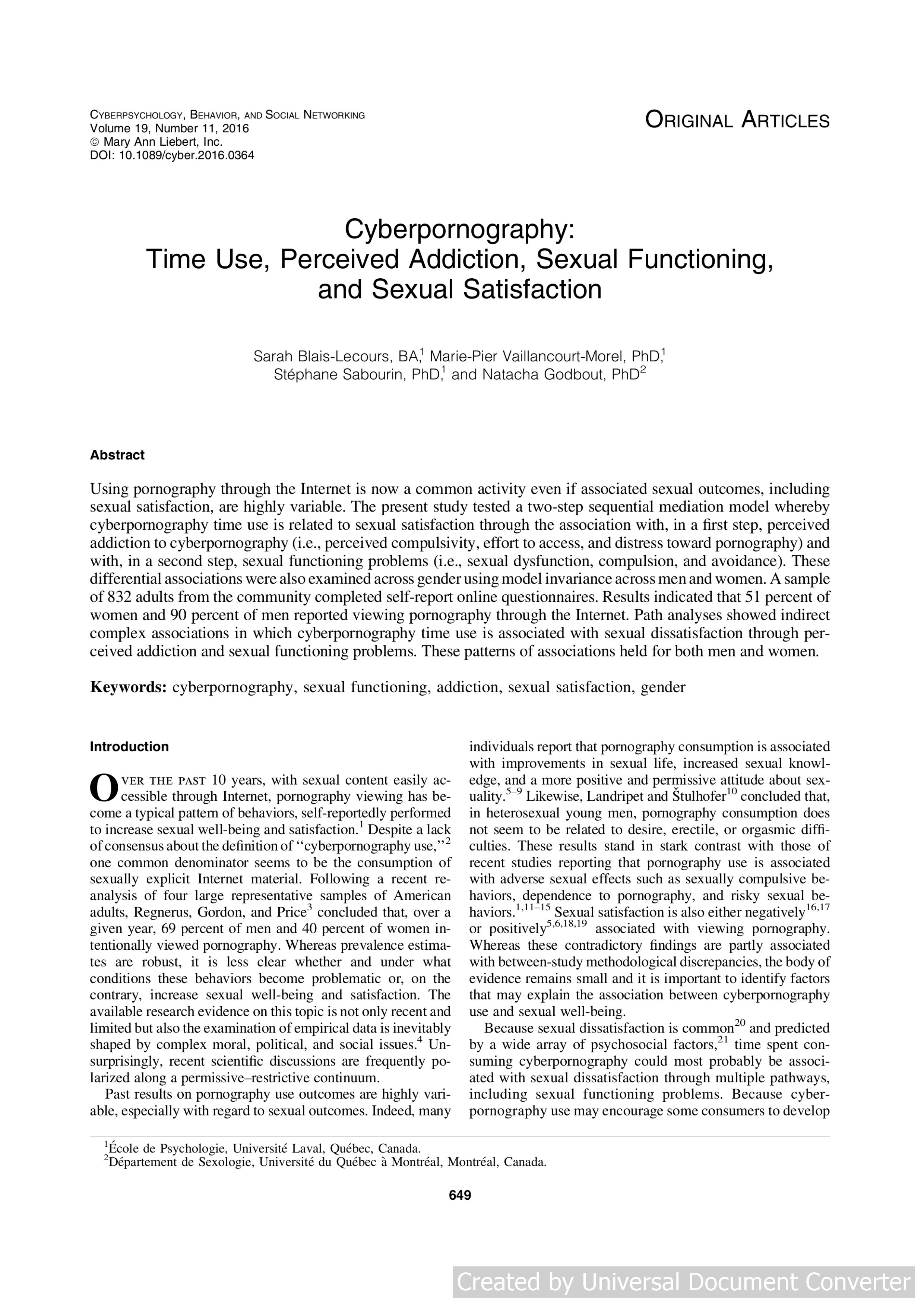 Cyberpornography: Time Use, Perceived Addiction, Sexual Functioning, and Sexual Satisfaction