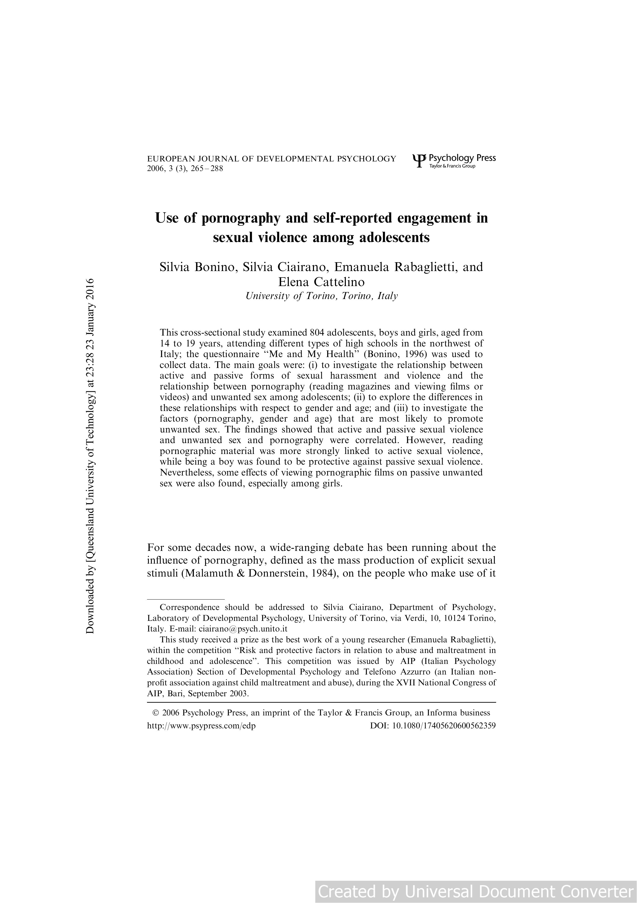 Use of pornography and self-reported engagement in sexual violence among adolescents