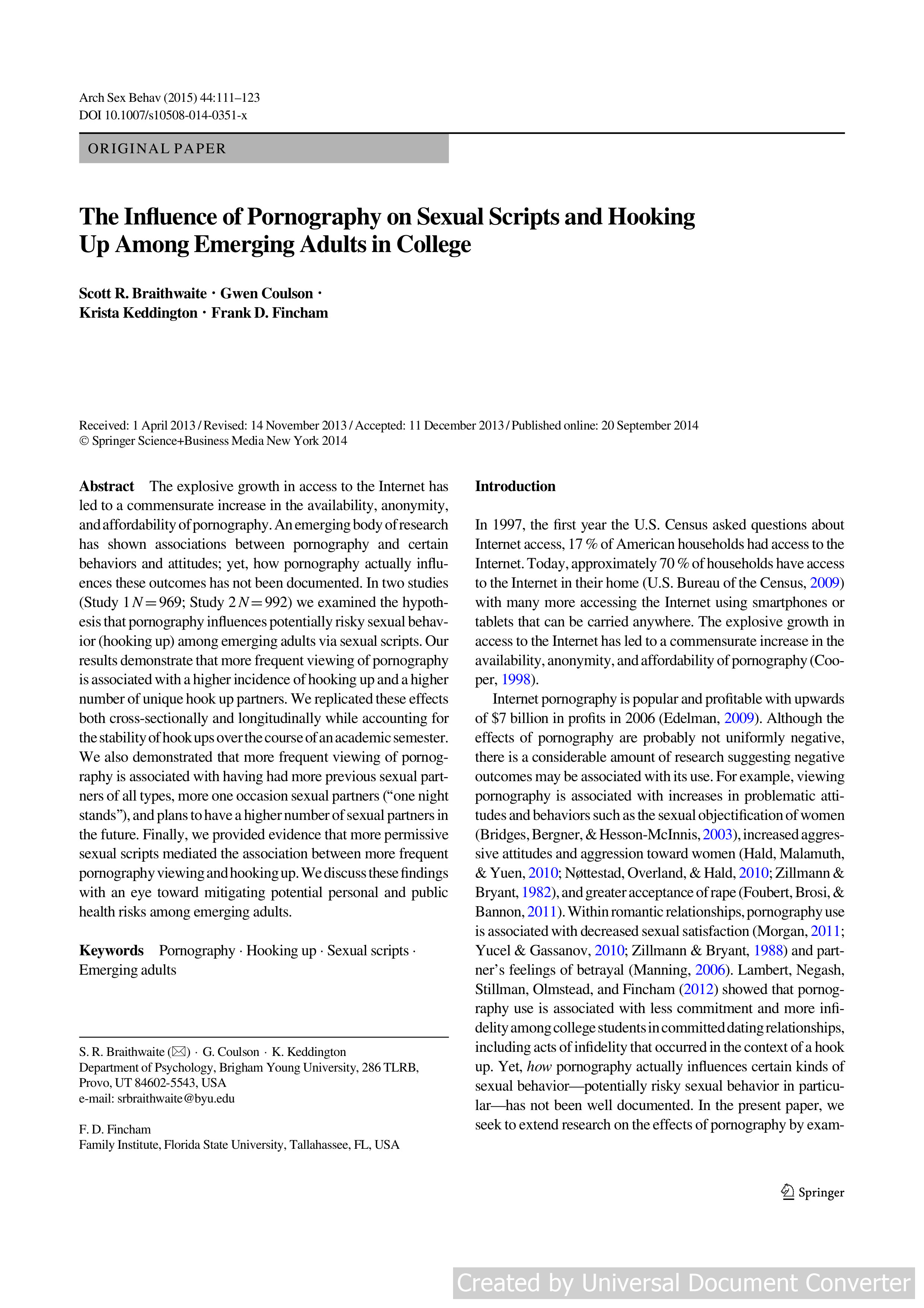 The Influence of Pornography on Sexual Scripts and Hooking Up Among Emerging Adults in College