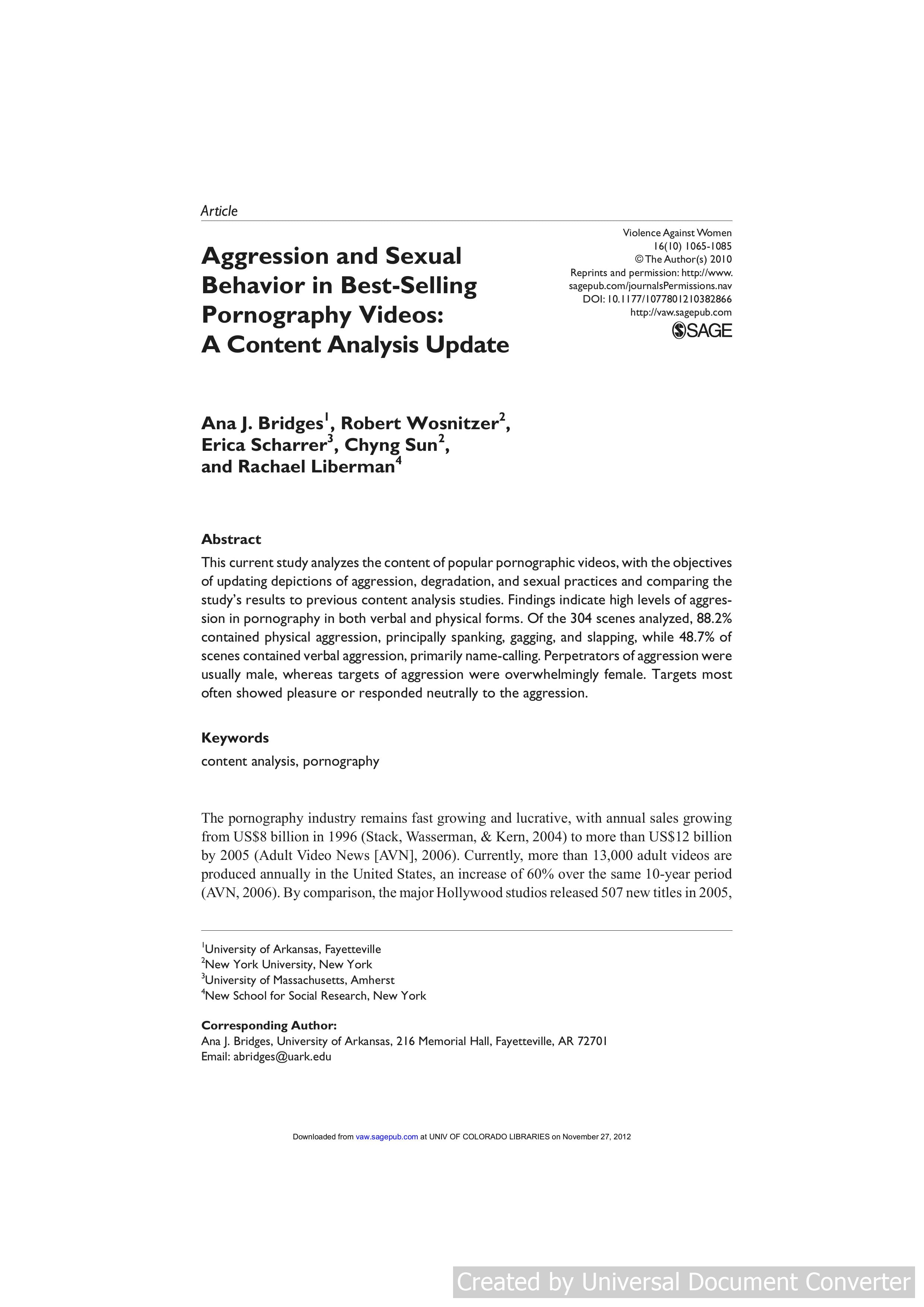 Aggression and Sexual Behavior in Best-Selling Pornography Videos: A Content Analysis Update