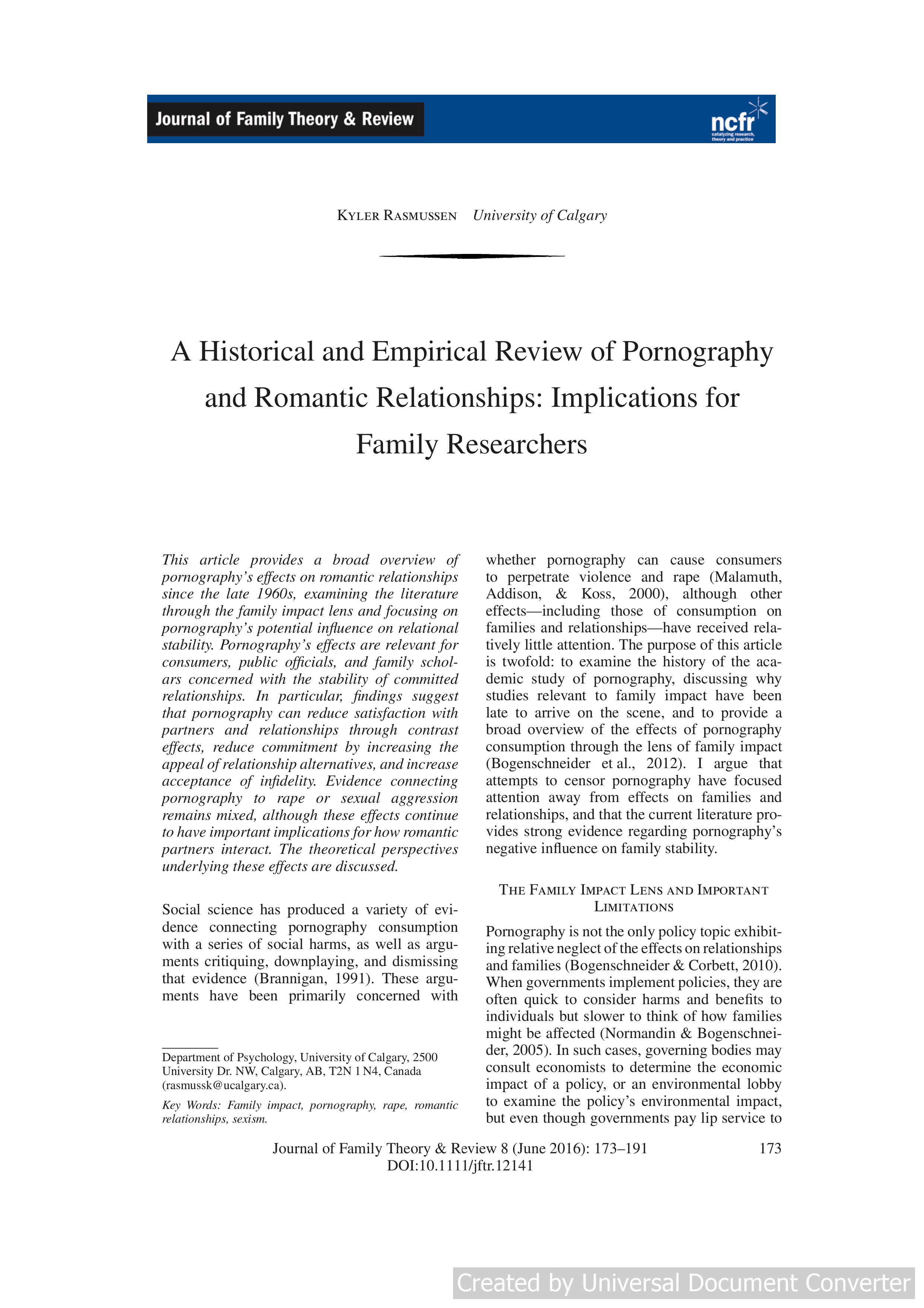A Historical and Empirical Review of Pornography and Romantic Relationships: Implications for Family Researchers