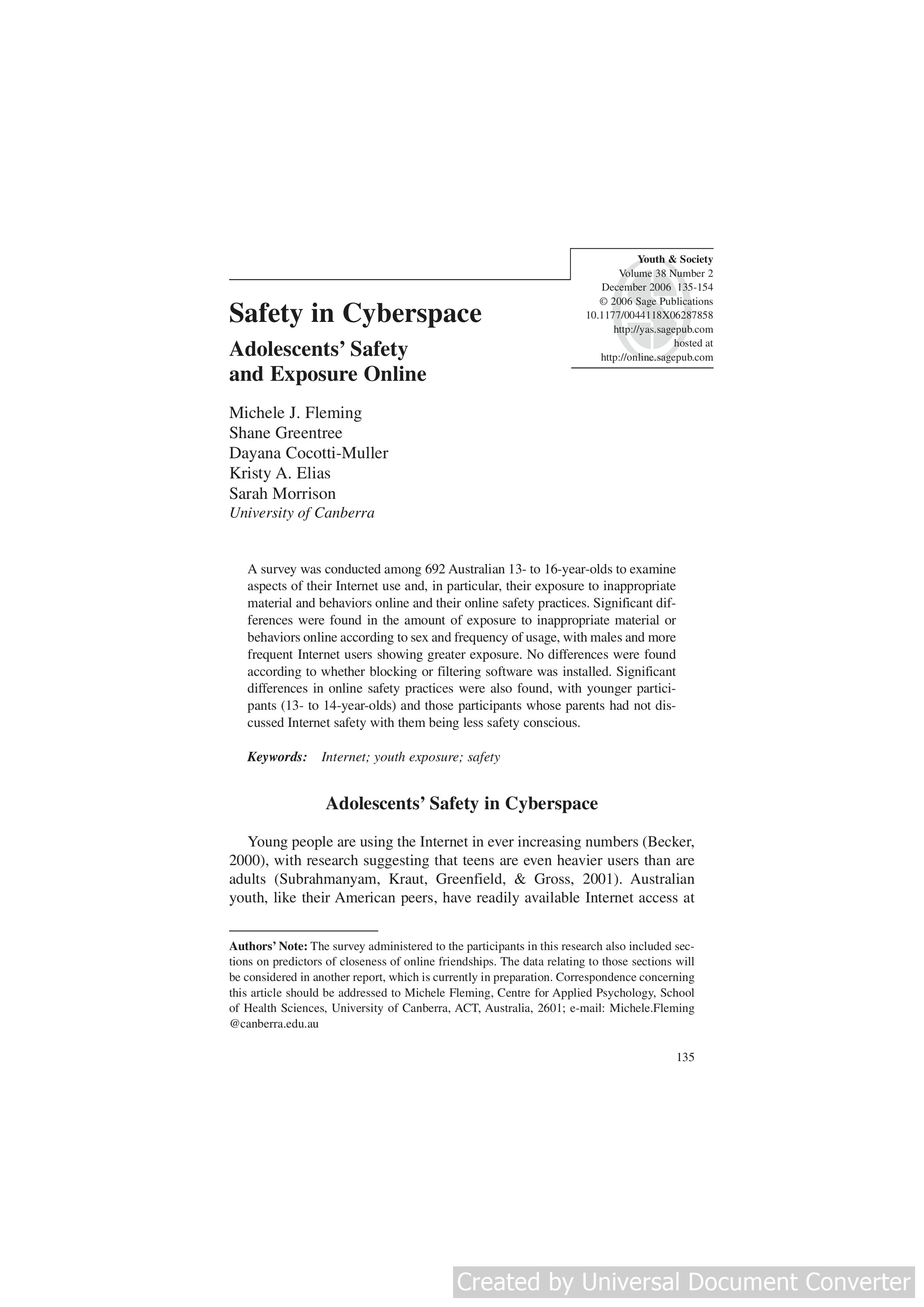 Safety in Cyberspace: Adolescents' Safety and Exposure Online