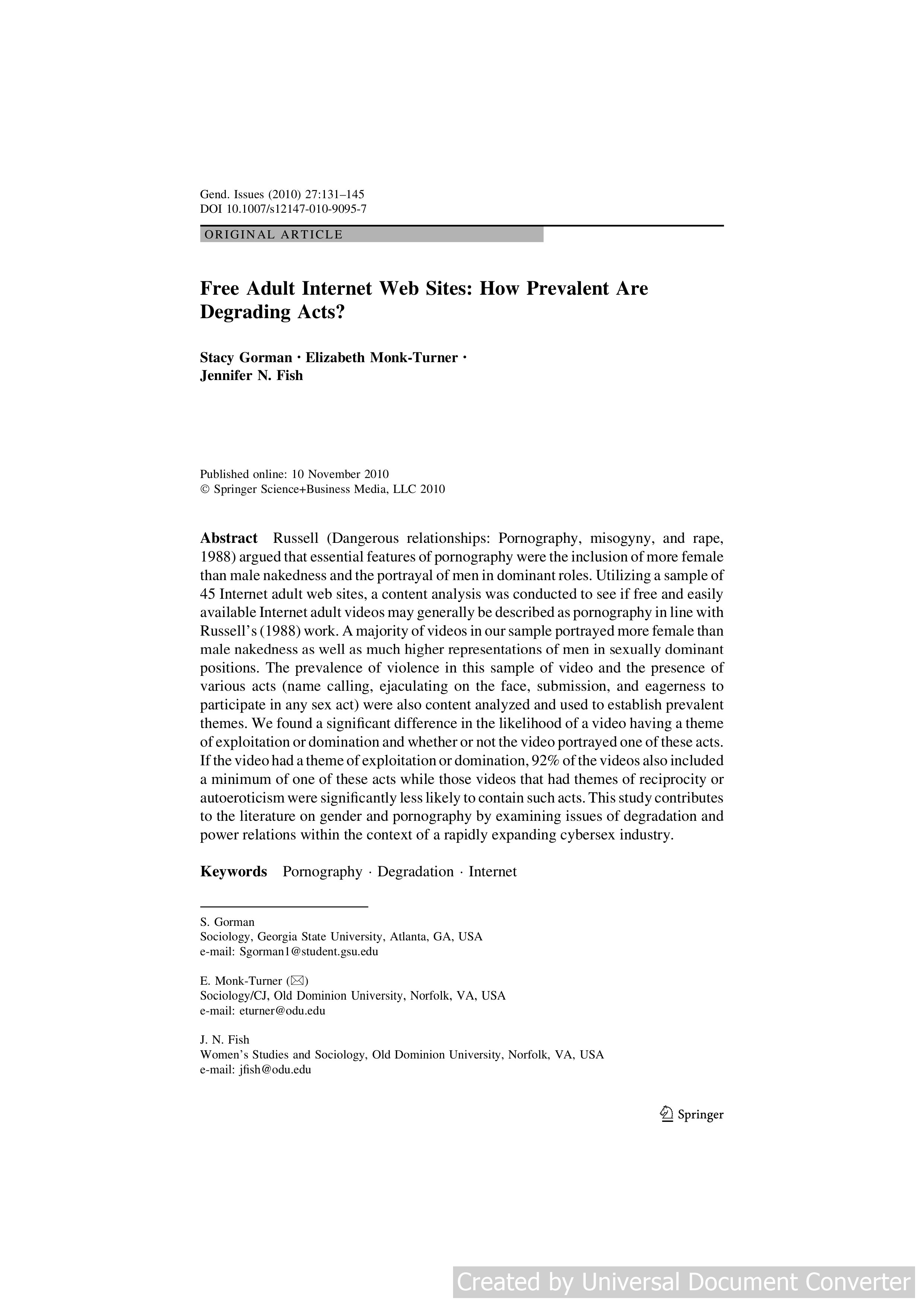 Free Adult Internet Web Sites: How Prevalent Are Degrading Acts?