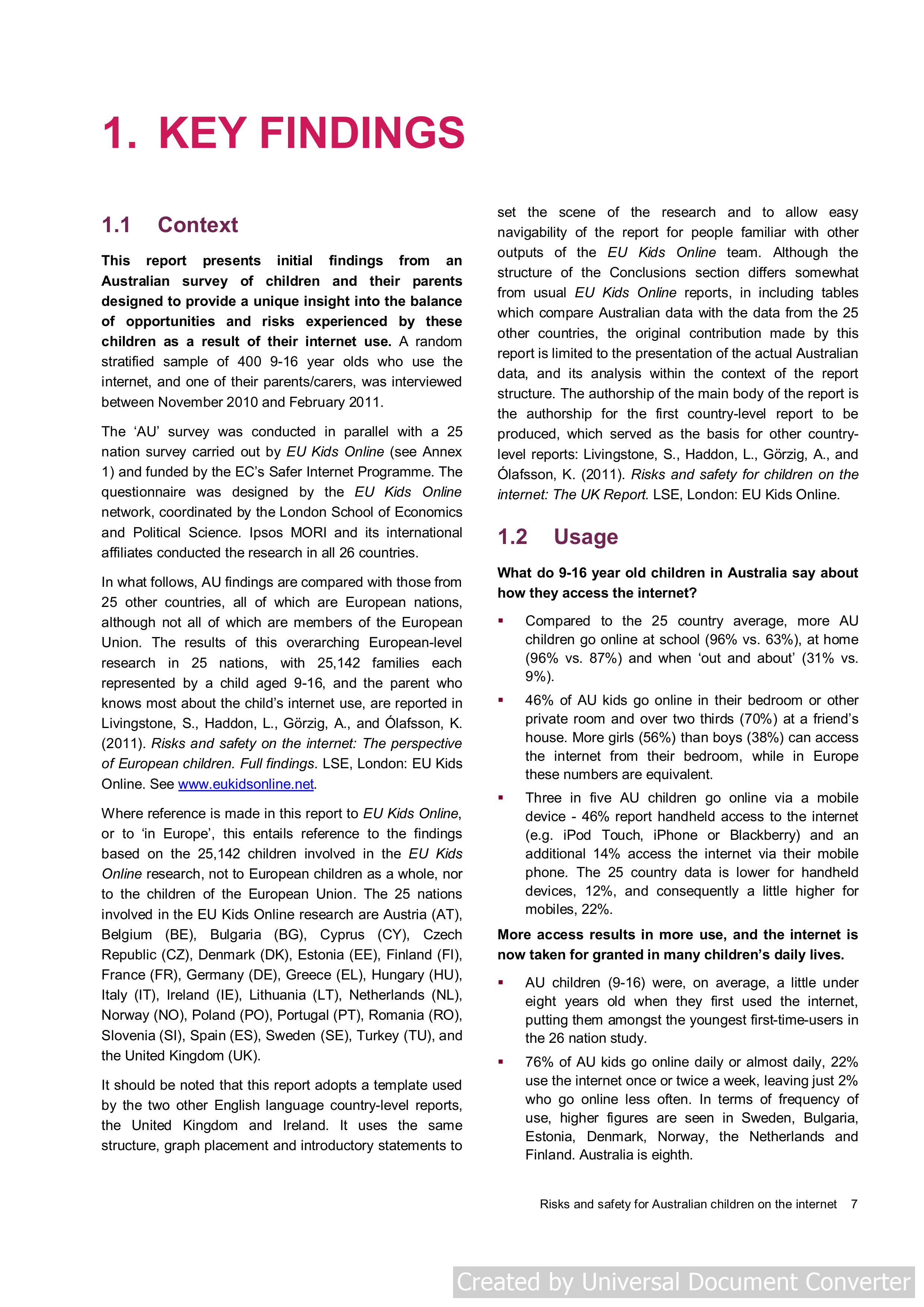 Risks and safety for Australian children on the internet