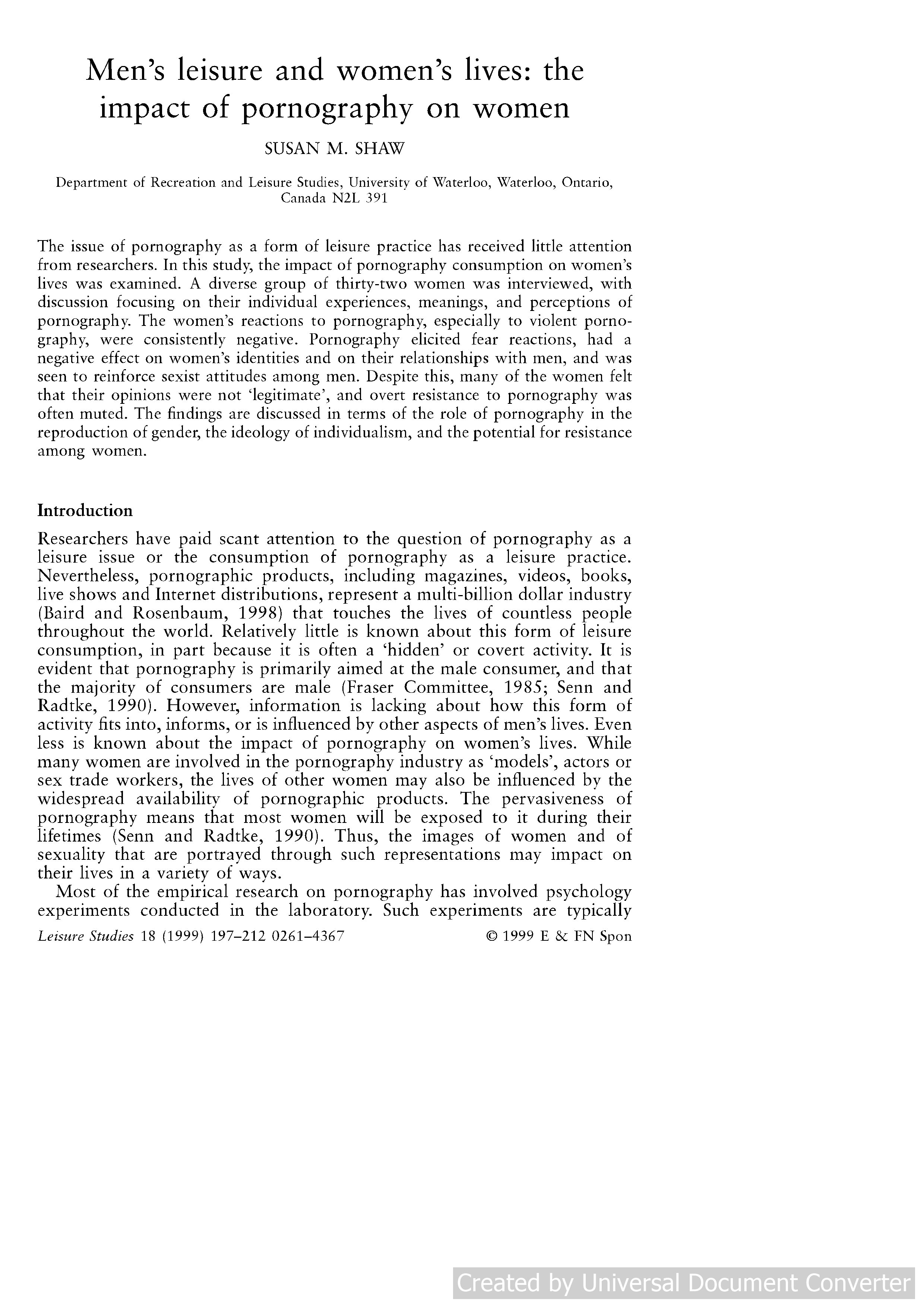 Men's leisure and women's lives: the impact of pornography on women