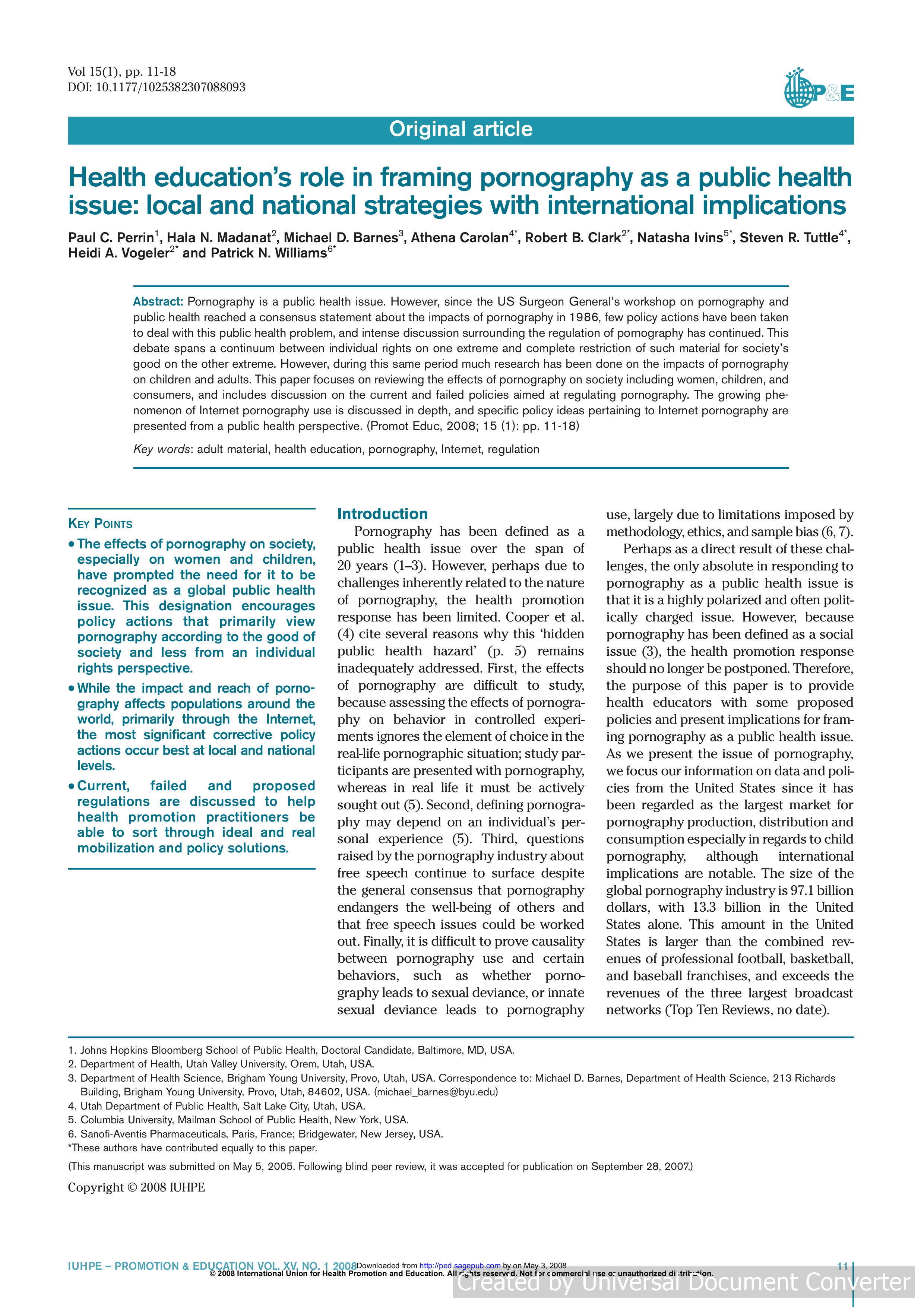 Health education's role in framing pornography as a public health issue: local and national strategies with international implications