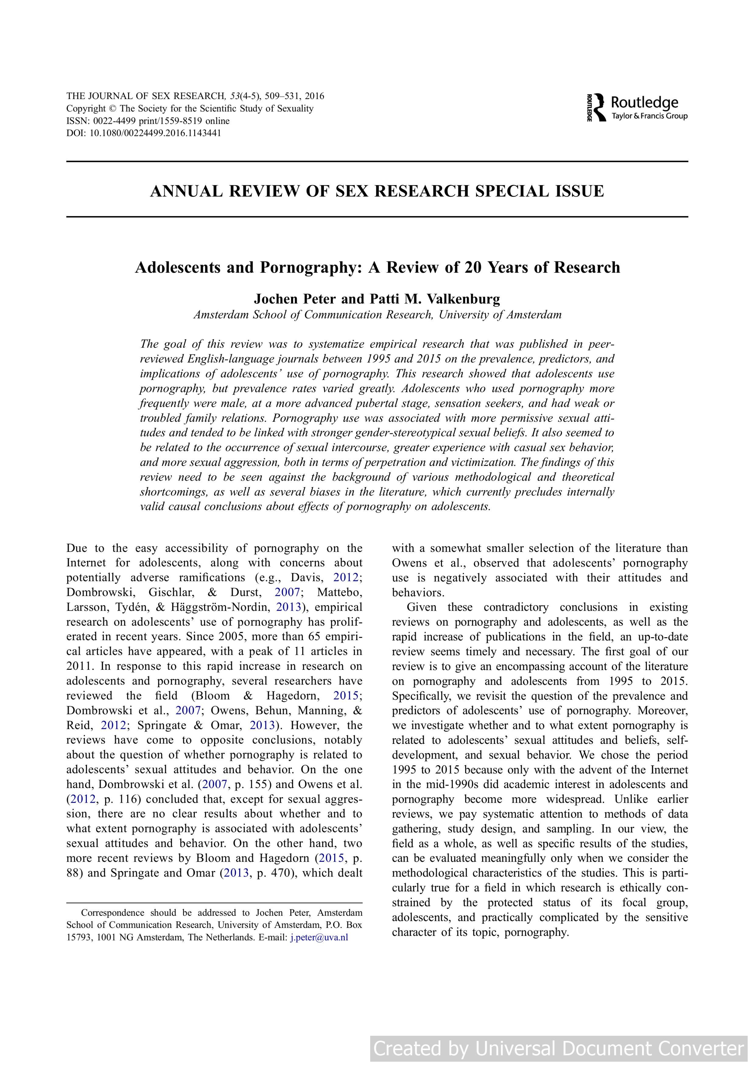 Adolescents and Pornography: A Review of 20 Years of Research