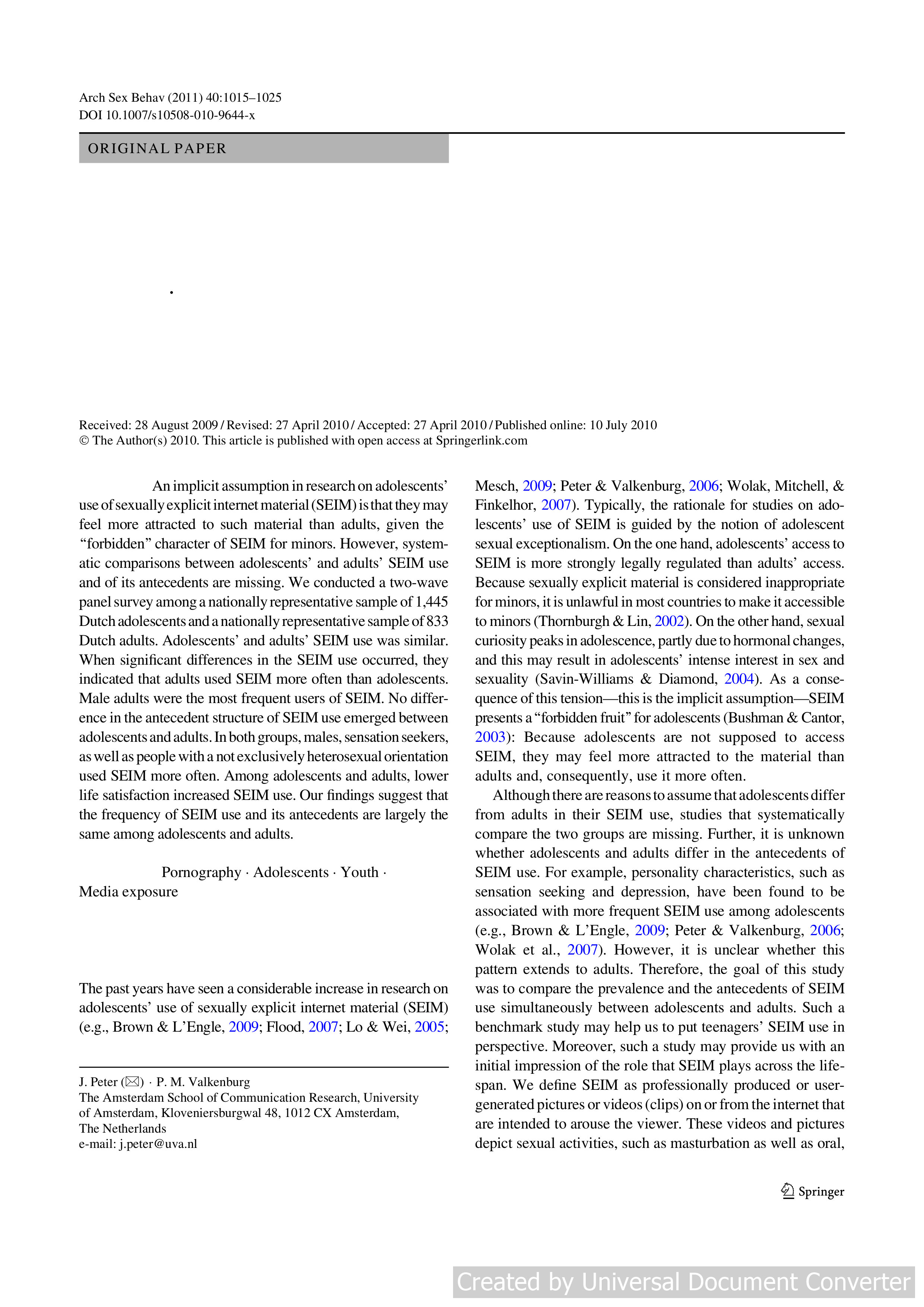 The Use of Sexually Explicit Internet Material and Its Antecedents: A Longitudinal Comparison of Adolescents and Adults