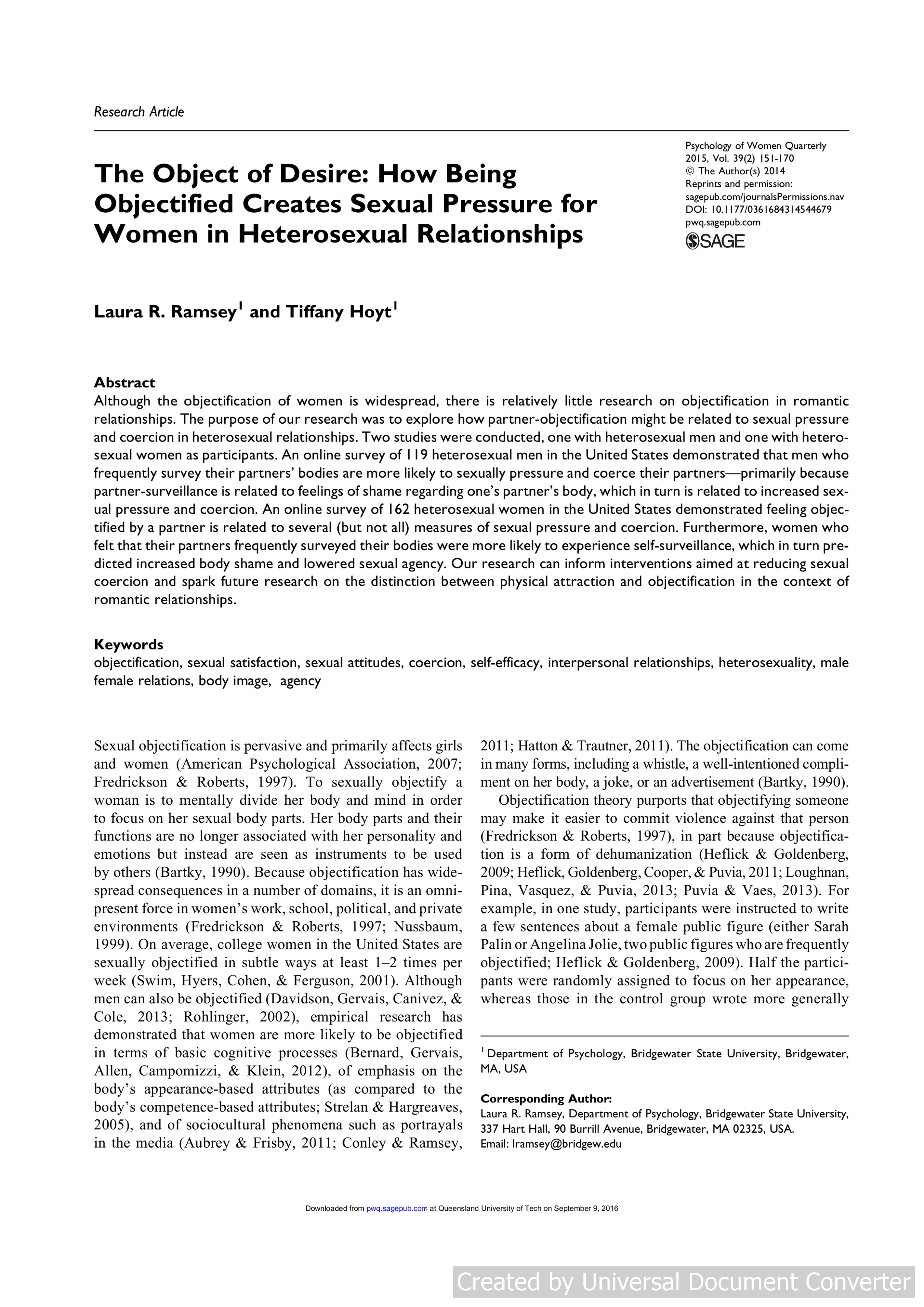 The Object of Desire: How Being Objectified Creates Sexual Pressure for Women in Heterosexual Relationships