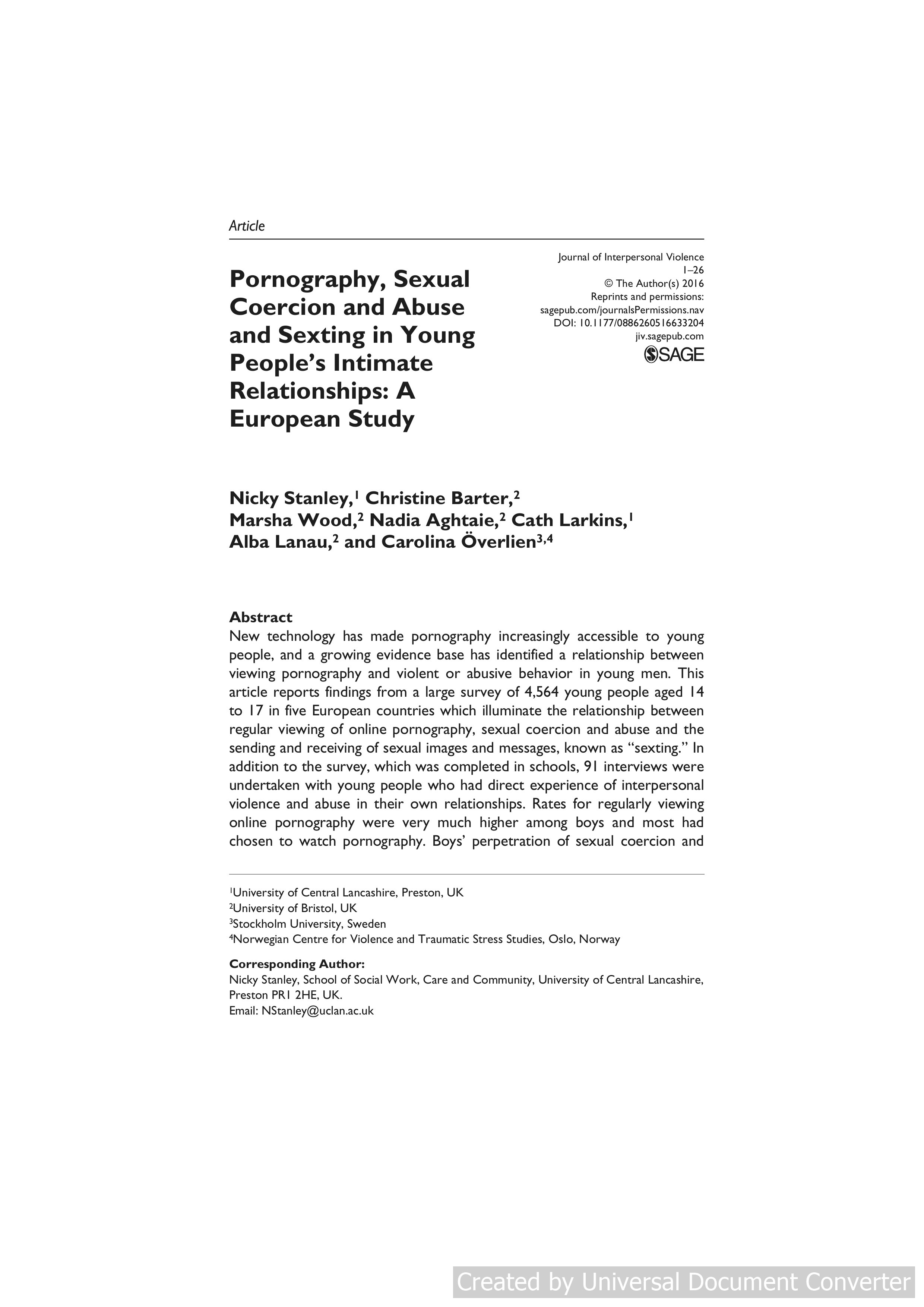 Pornography, Sexual Coercion and Abuse and Sexting in Young People’s Intimate Relationships: A European Study