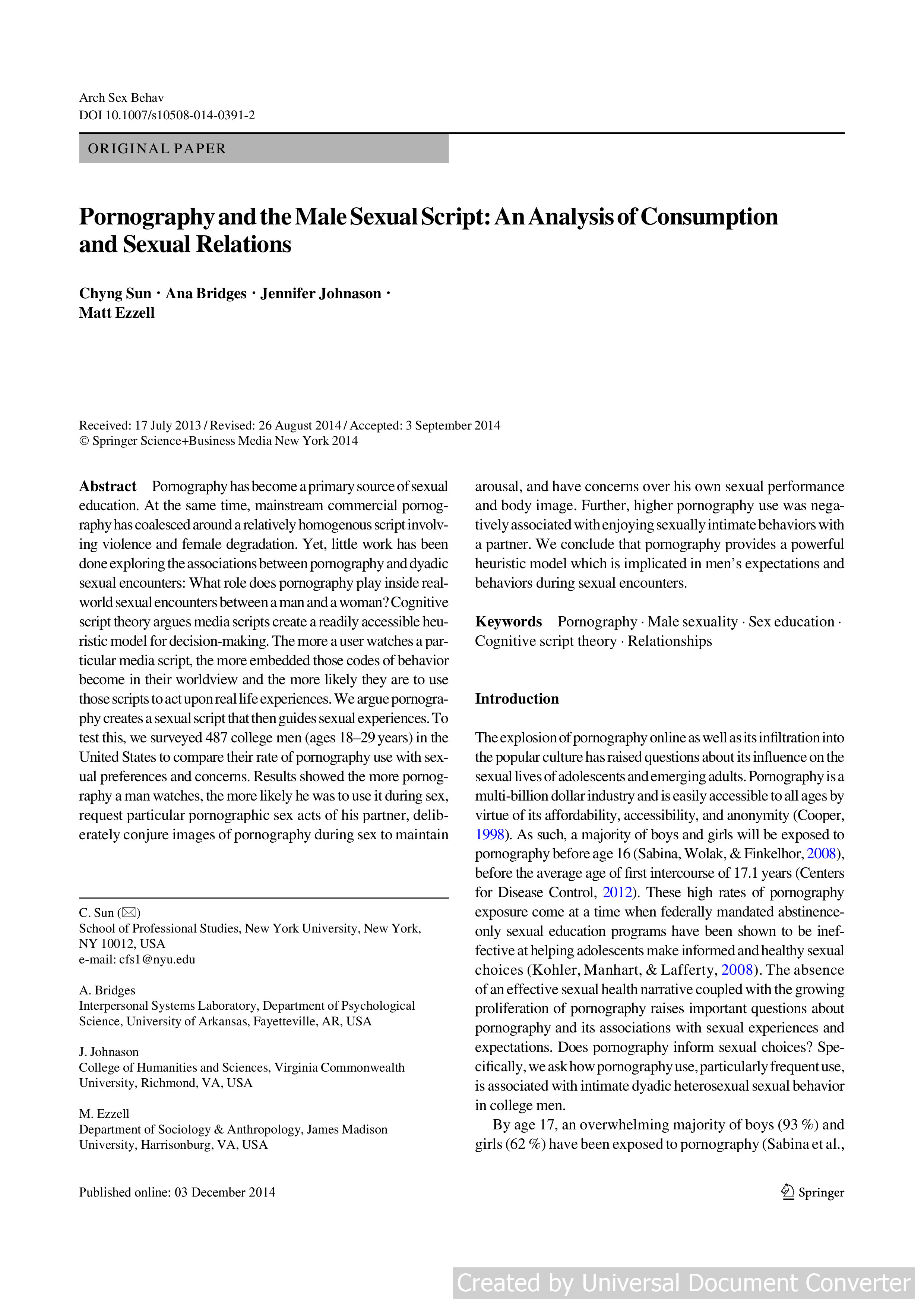 Pornography and the Male Sexual Script: An Analysis of Consumption and Sexual Relations