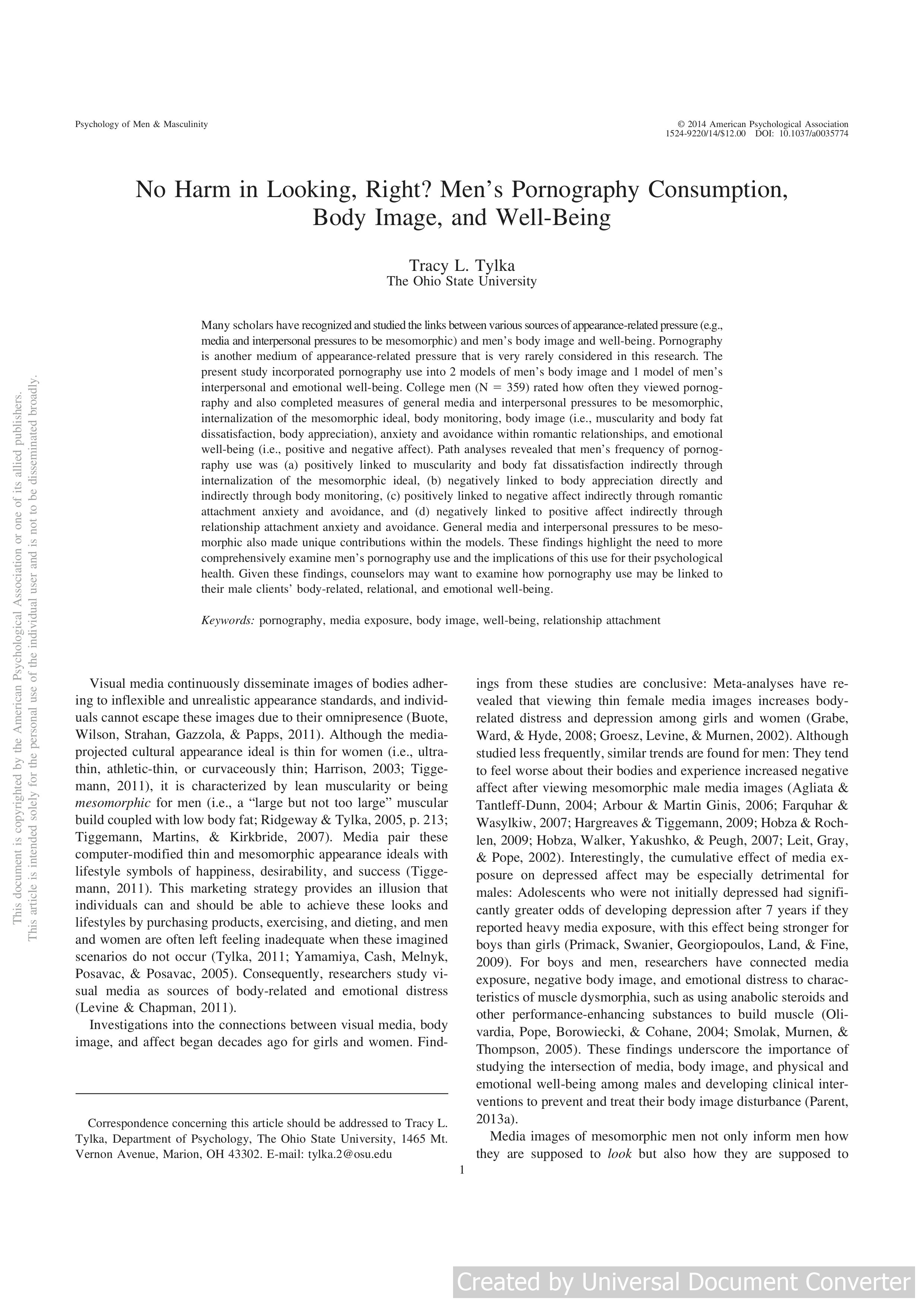 No harm in looking, right? Men’s pornography consumption, body image, and well-being.