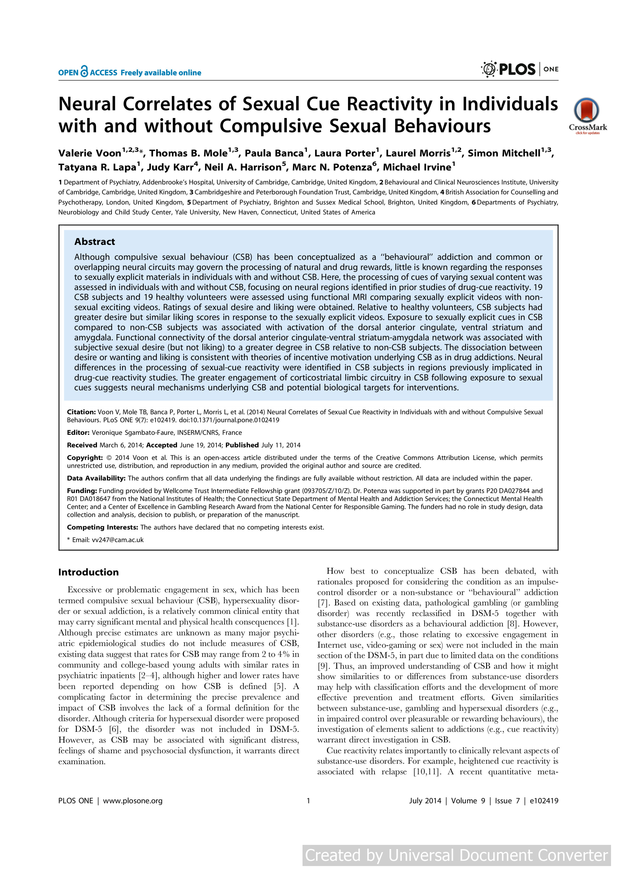 Neural Correlates of Sexual Cue Reactivity in Individuals with and without Compulsive Sexual Behaviours