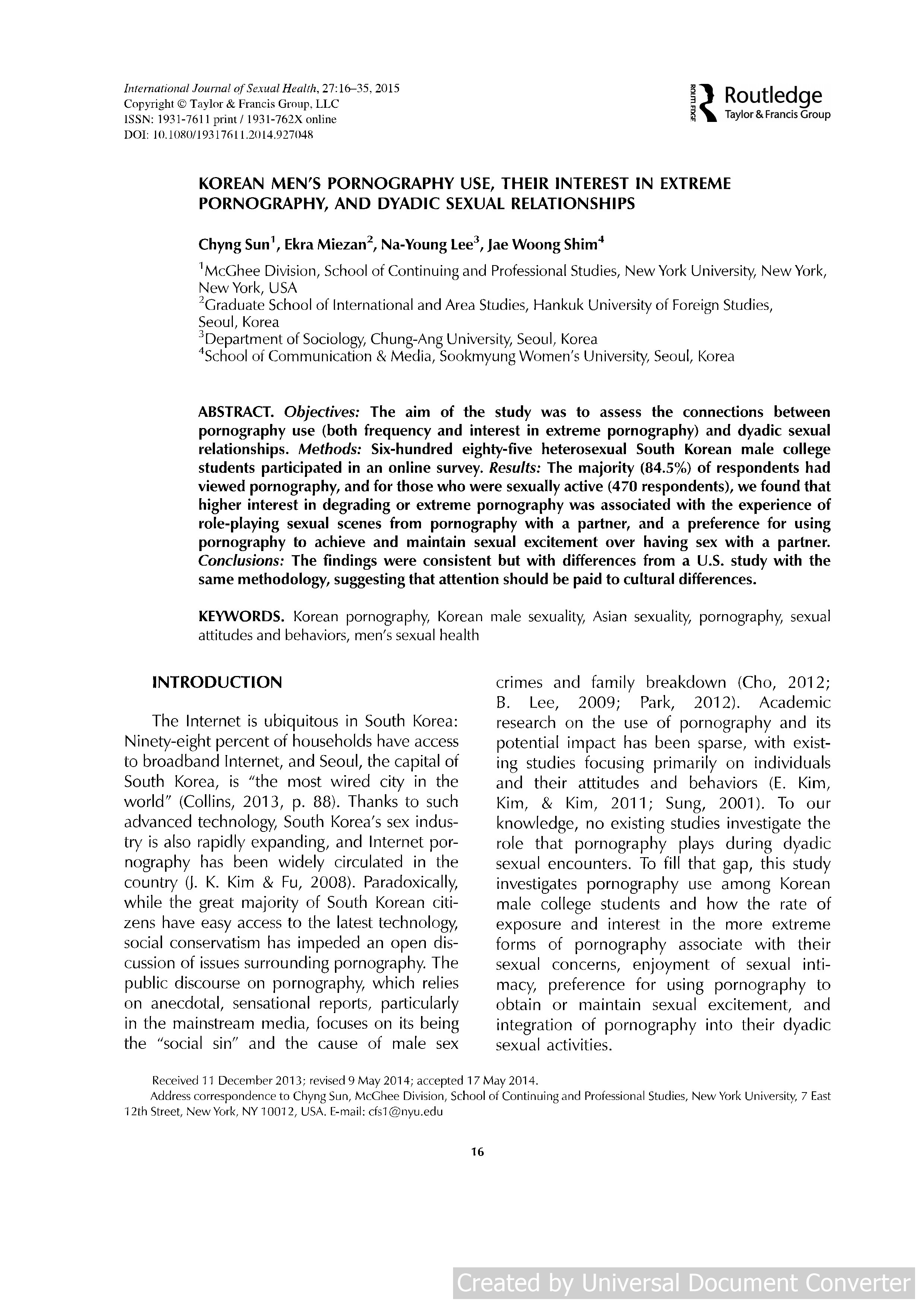 Korean Men’s Pornography use, Their Interest in Extreme Pornography, and Dyadic Sexual Relationships