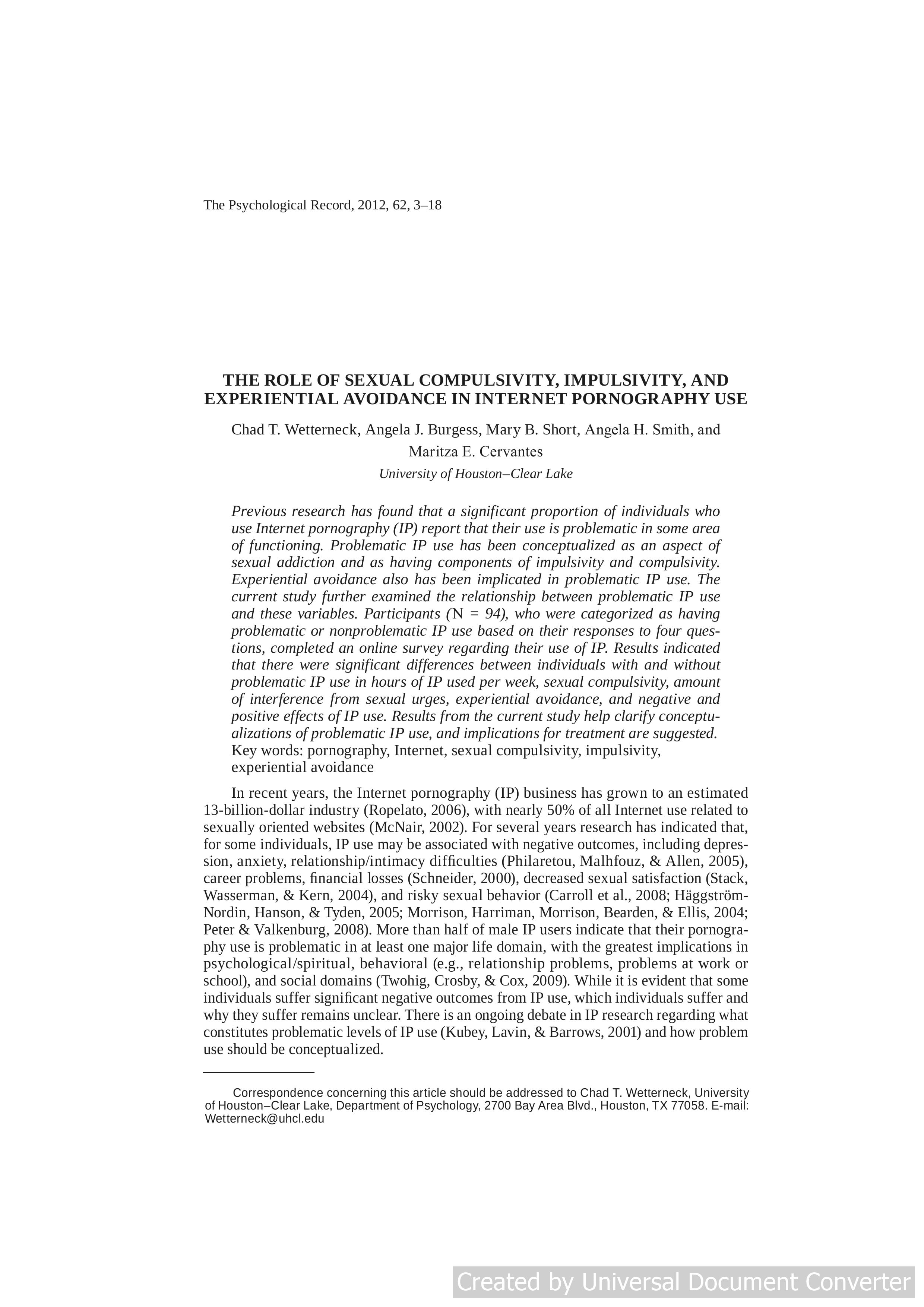 The Role of Sexual Compulsivity, Impulsivity, and Experiential Avoidance in Internet Pornography Use