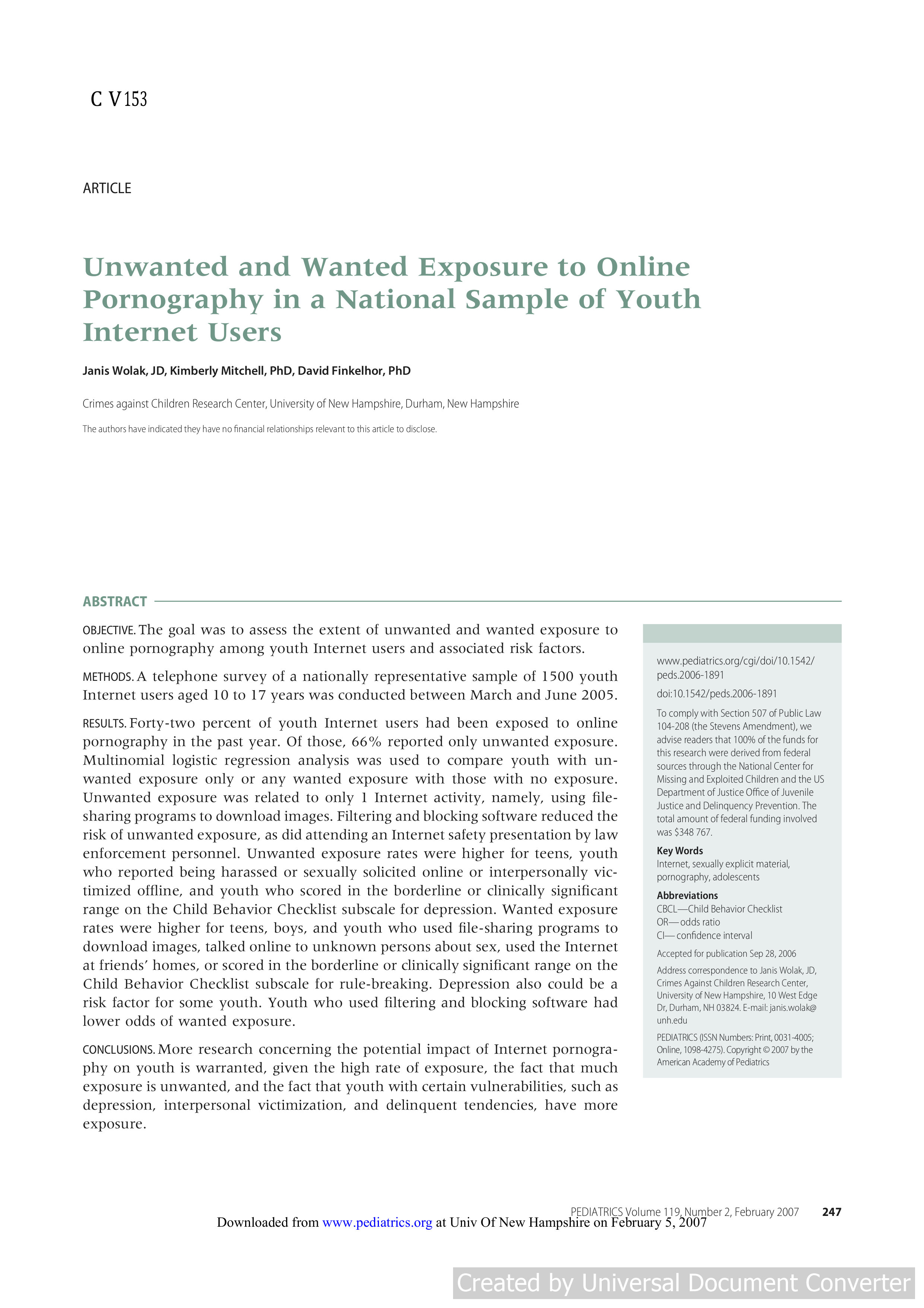 Unwanted and Wanted Exposure to Online Pornography in a National Sample of Youth Internet Users