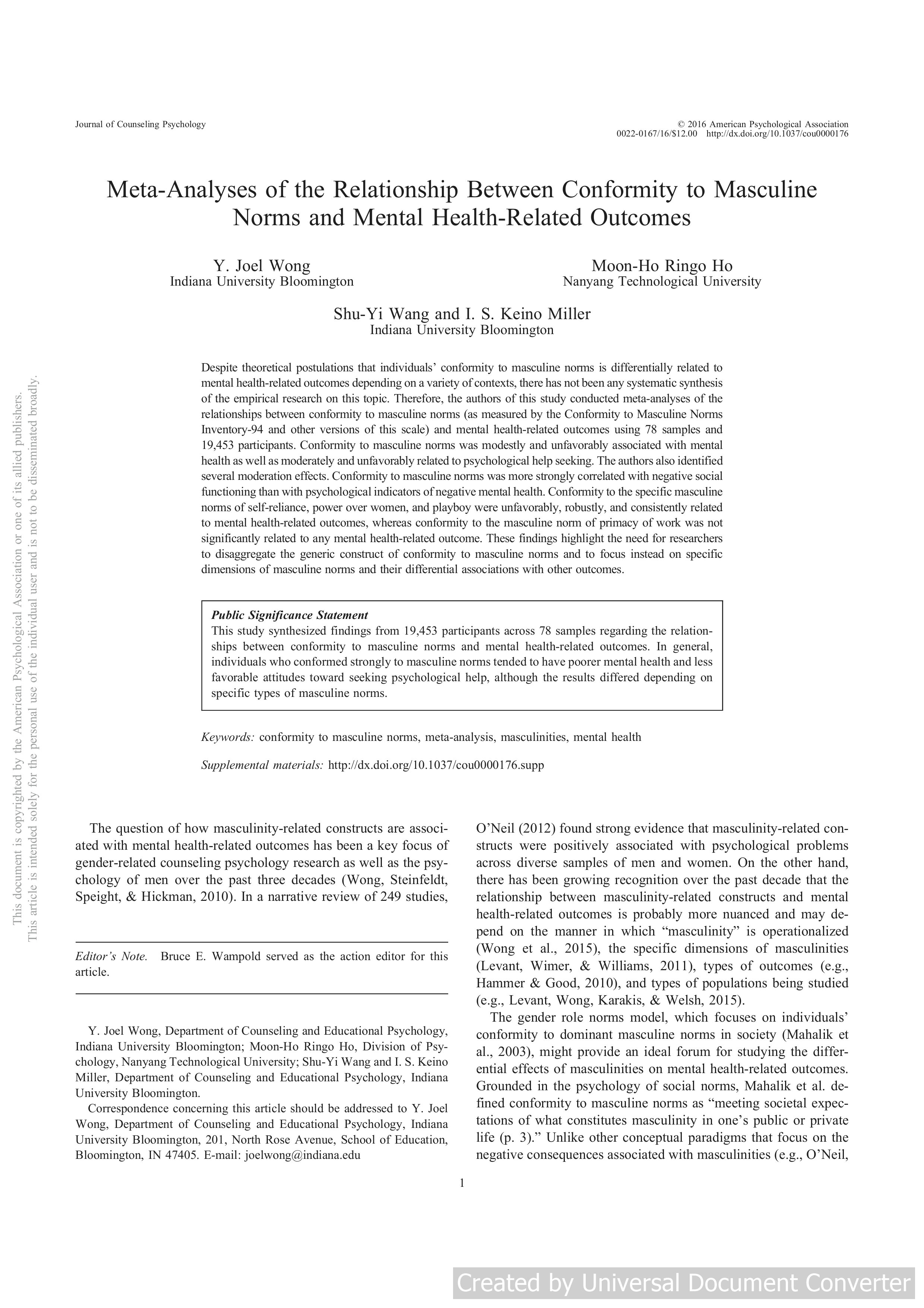 Meta-analyses of the relationship between conformity to masculine norms and mental health-related outcomes.