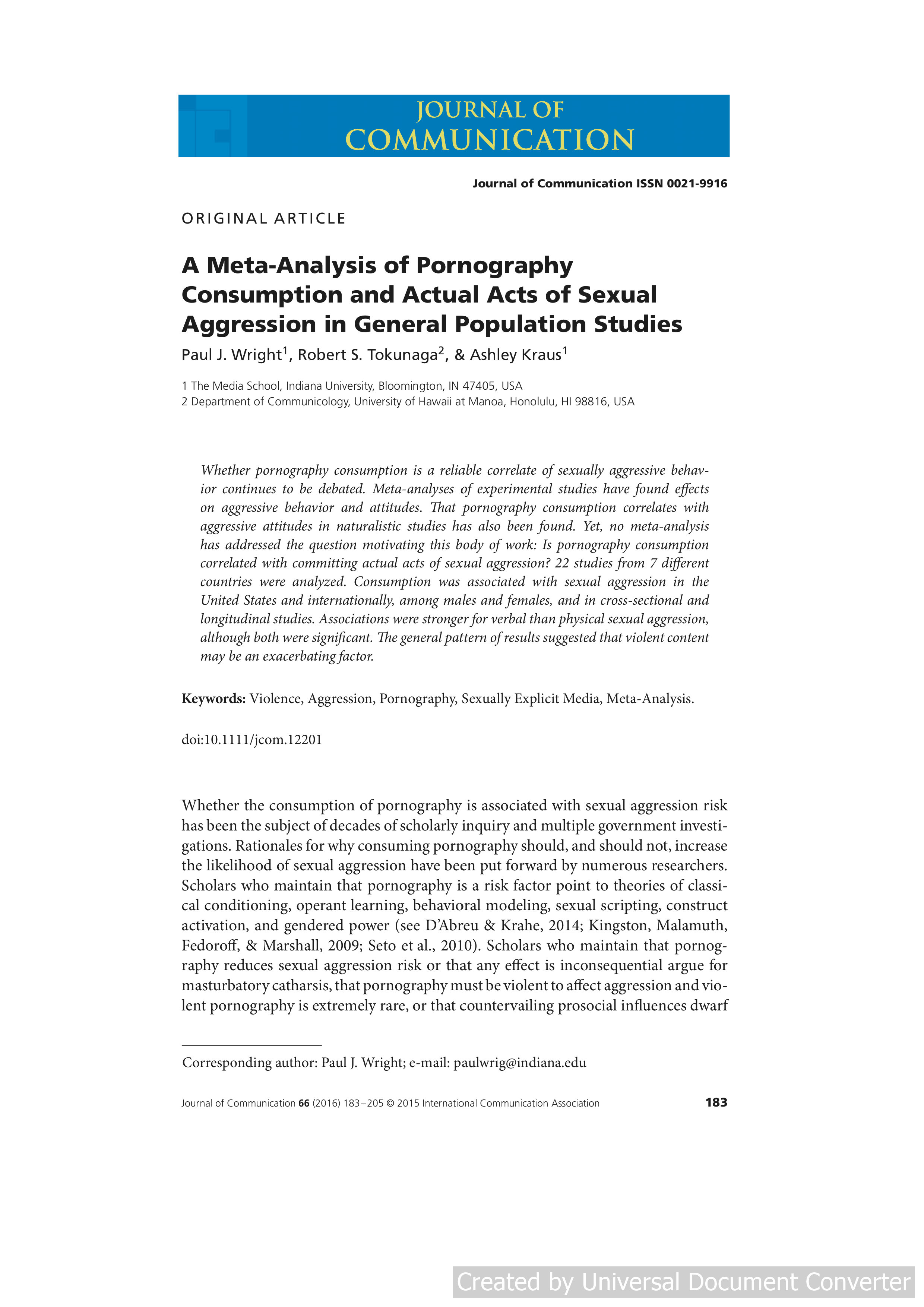 A Meta-Analysis of Pornography Consumption and Actual Acts of Sexual Aggression in General Population Studies