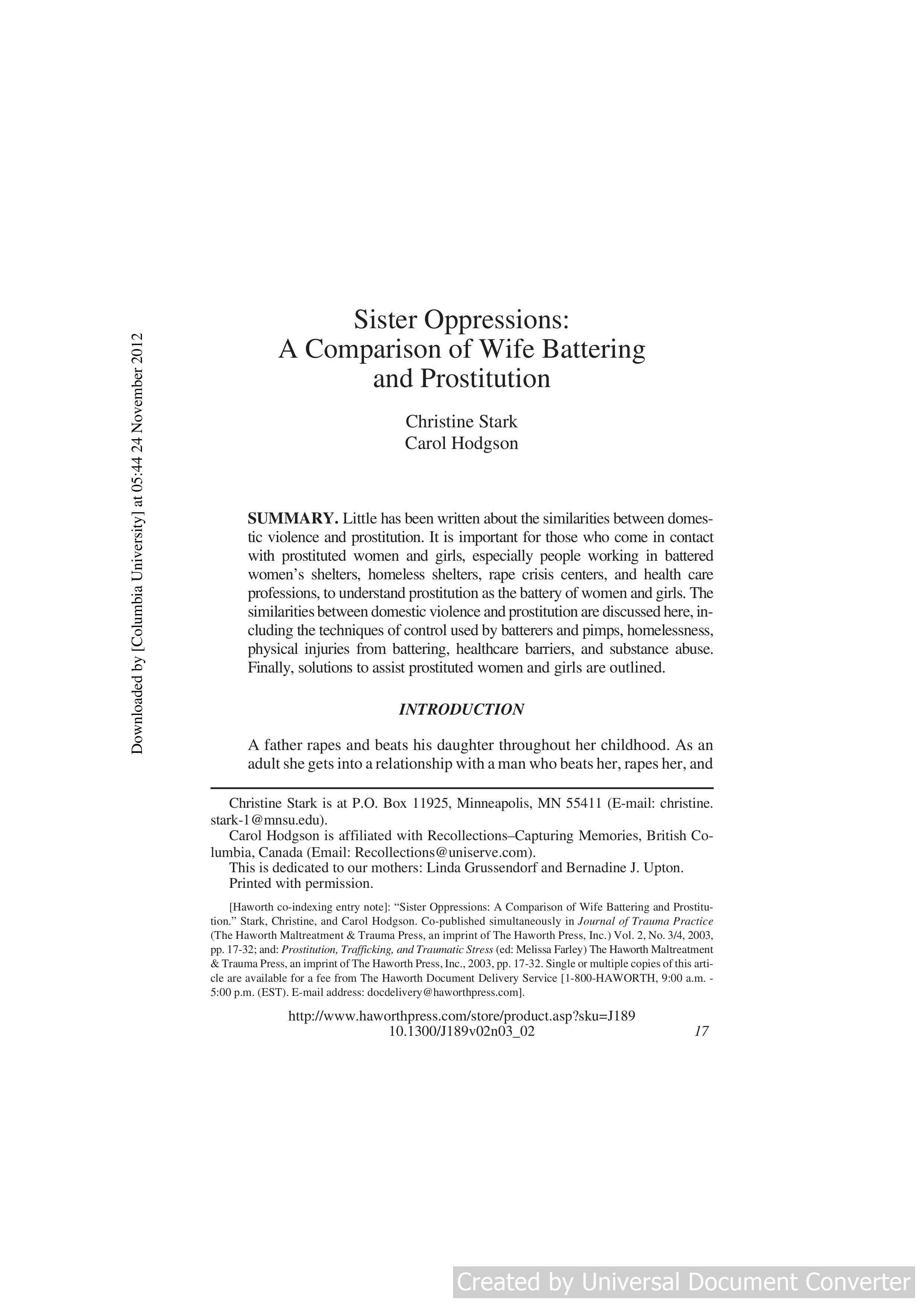 Sister Oppressions A Comparison of Wife Battering and Prostitution