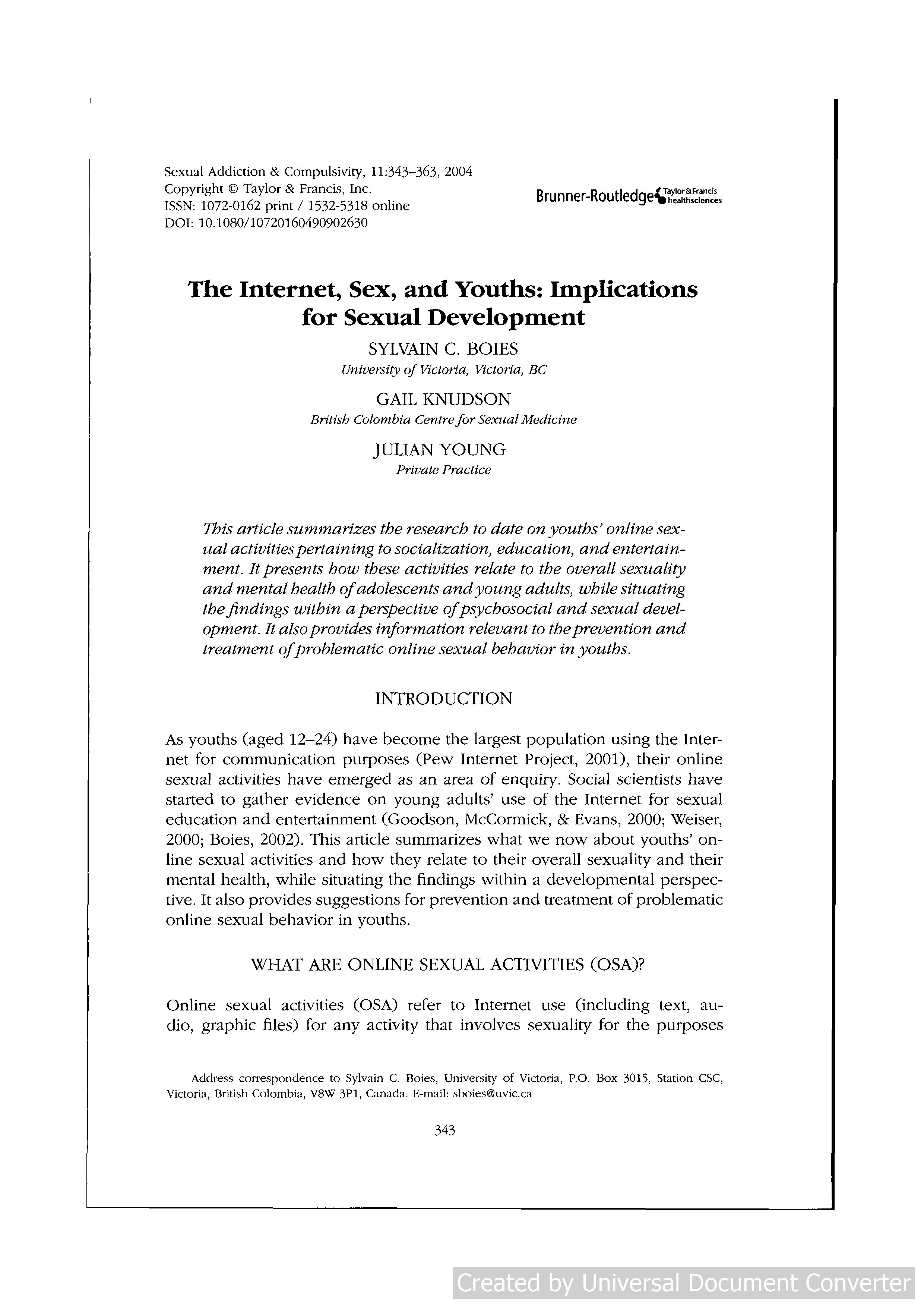 The Internet, Sex, and Youths: Implications for Sexual Development