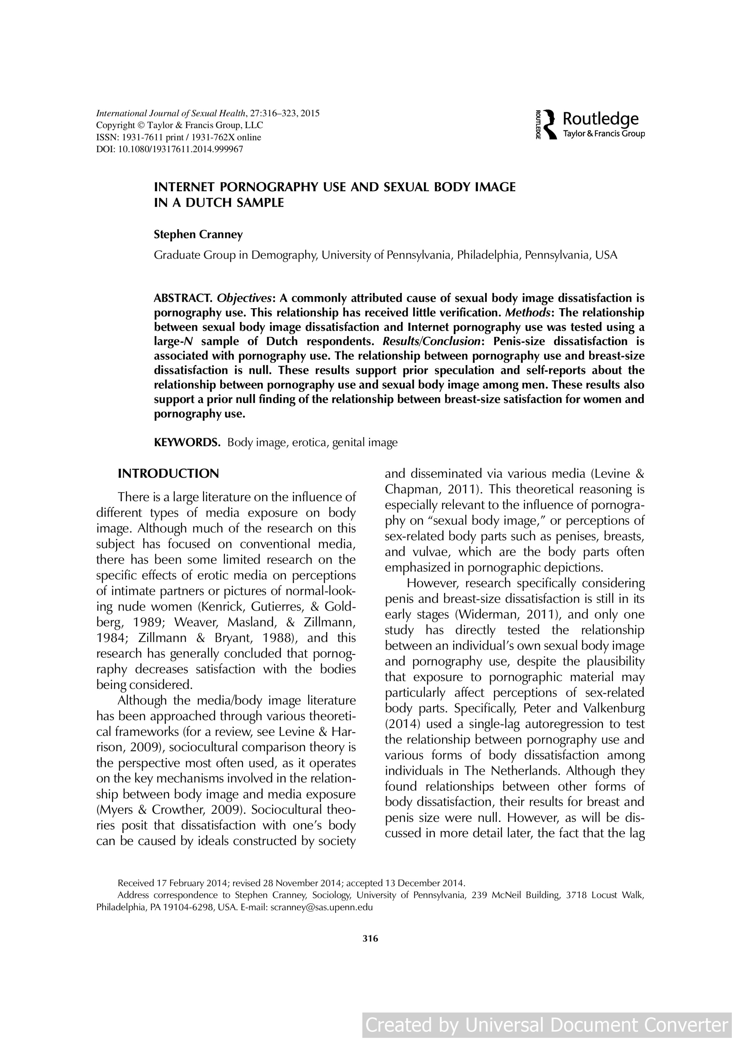 Internet Pornography use and Sexual Body Image in a Dutch Sample