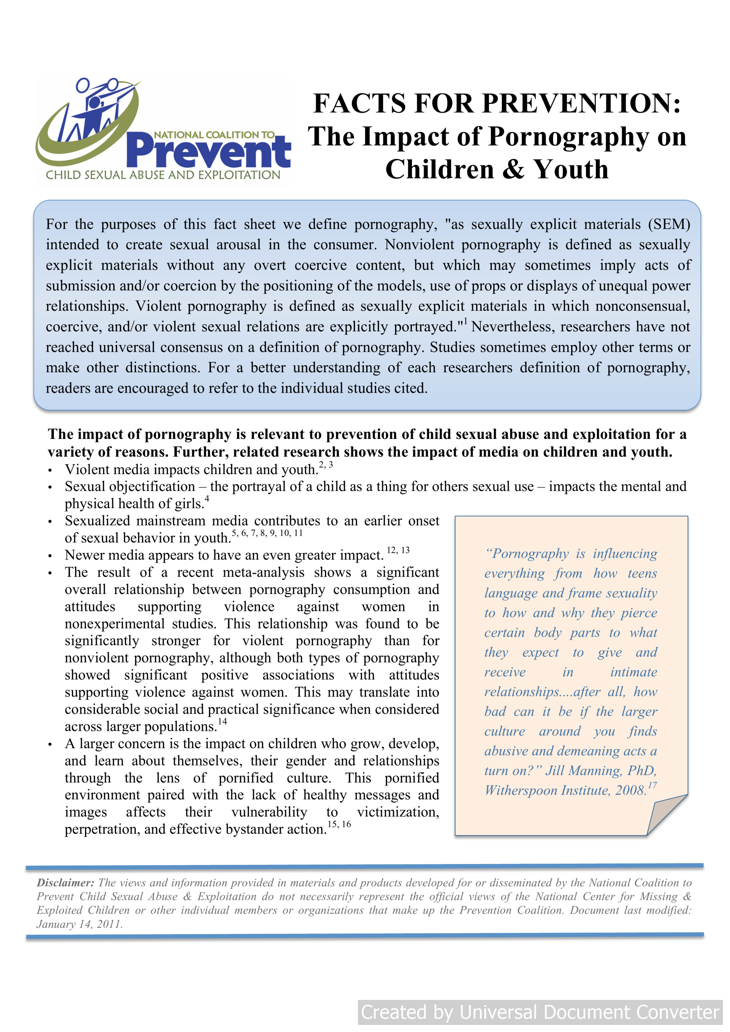 FACTS FOR PREVENTION: The Impact of Pornography on Children & Youth