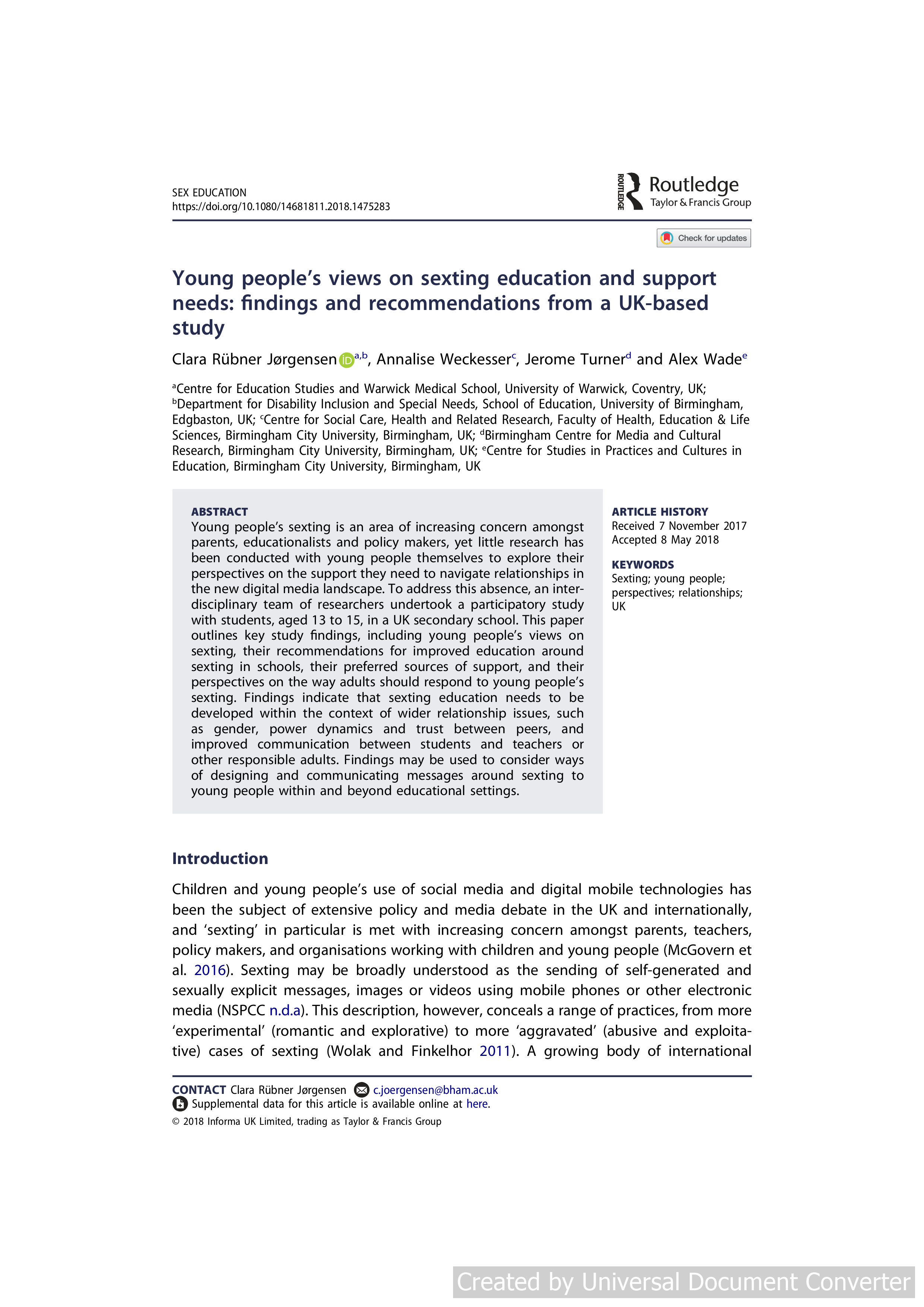 Young people’s views on sexting education and support needs: findings and recommendations from a UK-based study
