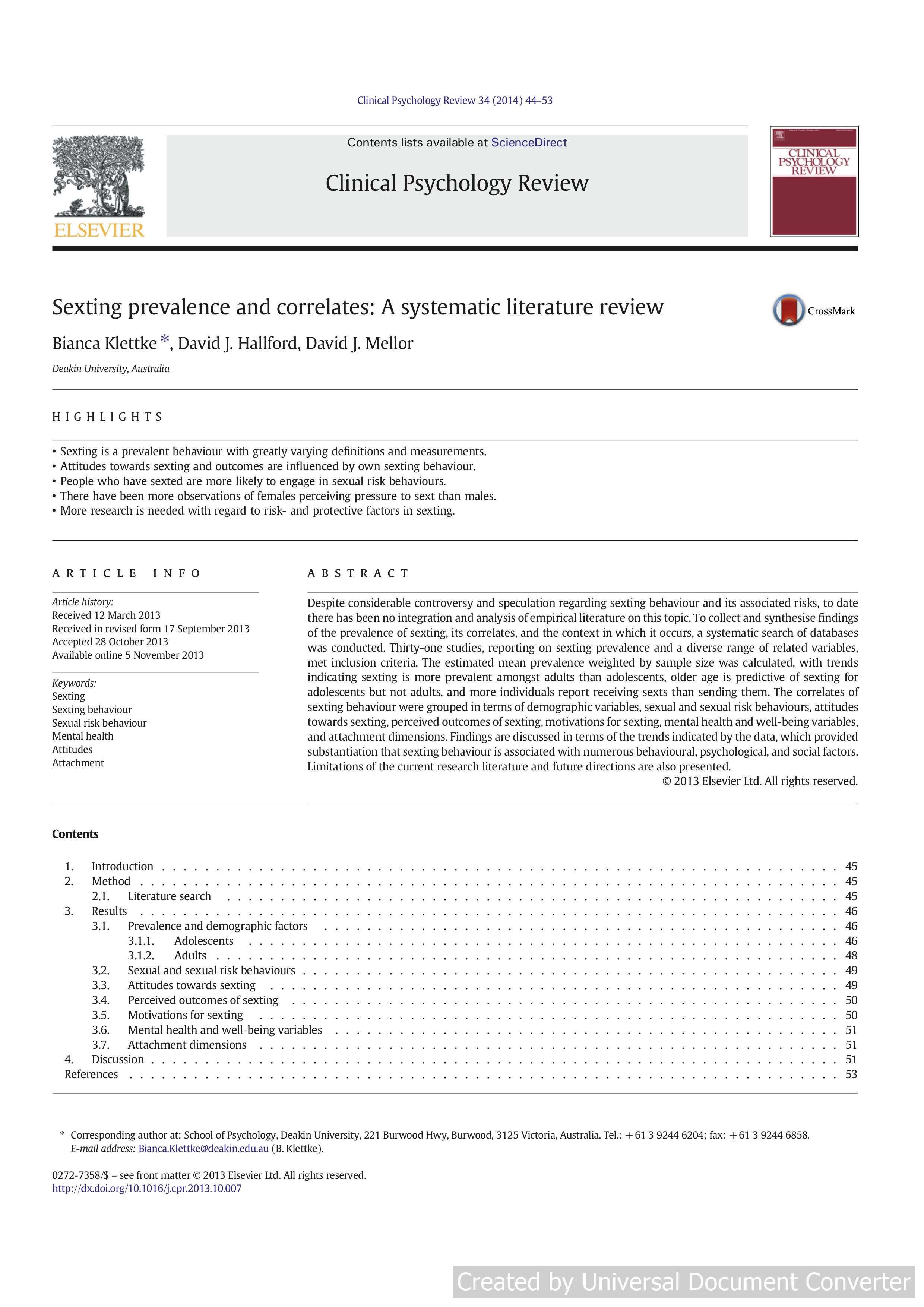 Sexting prevalence and correlates: A systematic literature review