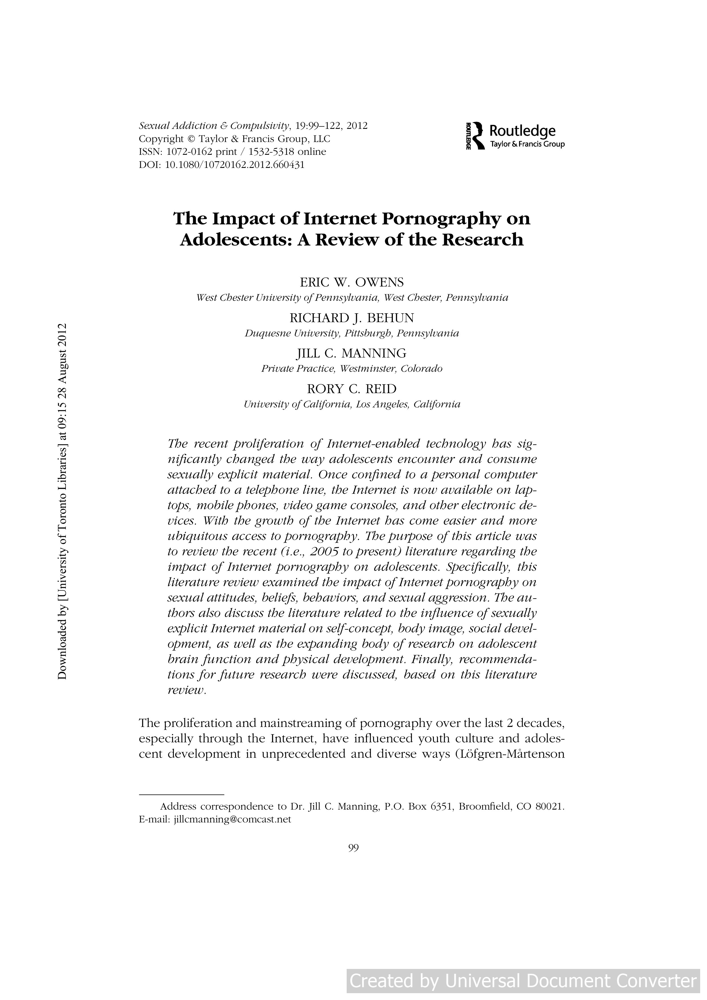 The recent proliferation of Internet-enabled technology has significantly changed the way adolescents encounter and consume sexually explicit material. Once confined to a personal computer attached to a telephone line, the Internet is now available on laptops, mobile phones, video game consoles, and other electronic devices. With the growth of the Internet has come easier and more ubiquitous access to pornography. The purpose of this article was to review the recent (i.e., 2005 to present) literature regarding the impact of Internet pornography on adolescents. Specifically, this literature review examined the impact of Internet pornography on sexual attitudes, beliefs, behaviors, and sexual aggression. The authors also discuss the literature related to the influence of sexually explicit Internet material on self-concept, body image, social development, as well as the expanding body of research on adolescent brain function and physical development. Finally, recommendations for future research were discussed, based on this literature review.