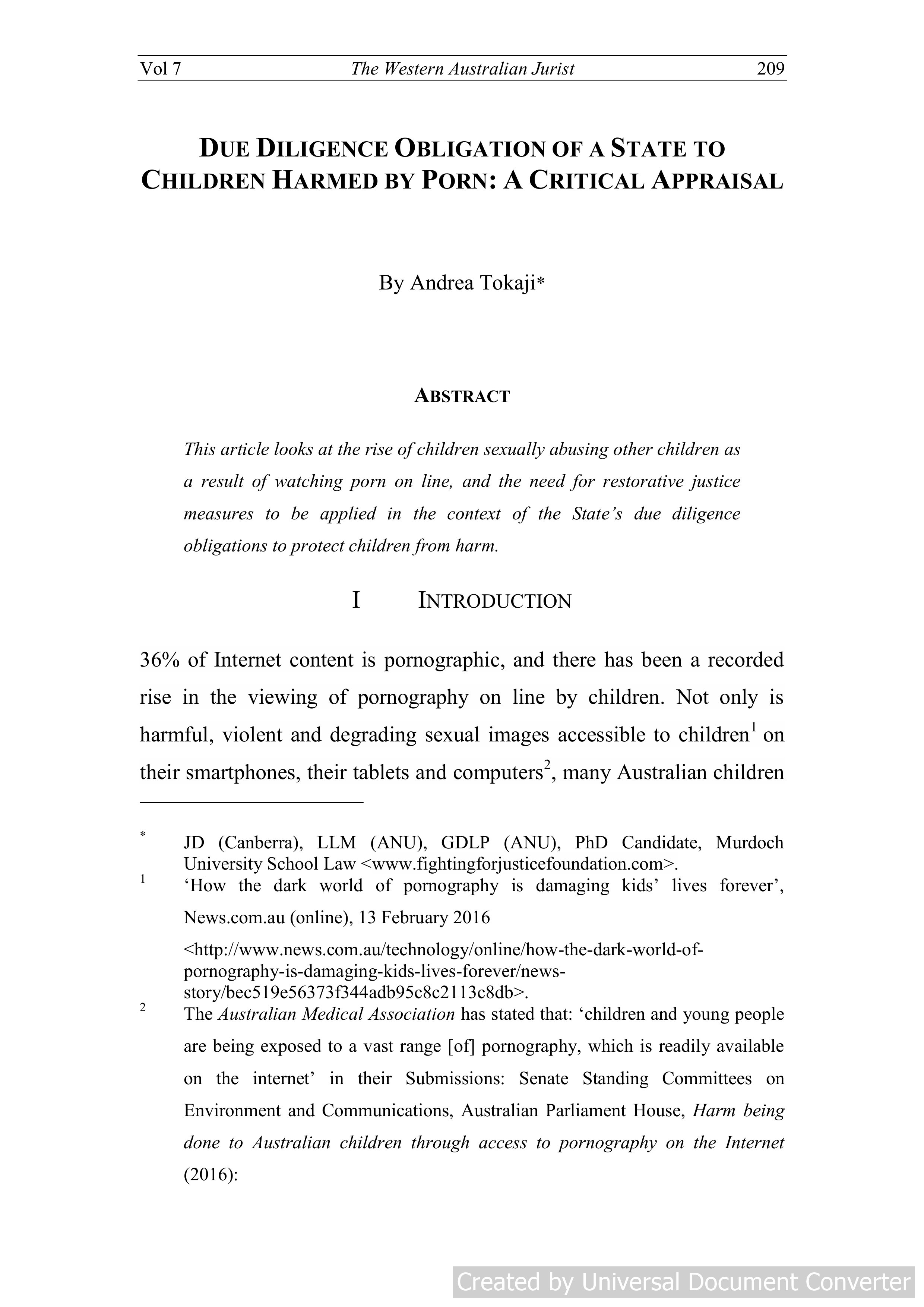 Due Diligence Obligation Of A State To Children Harmed By Porn: A Critical Appraisal
