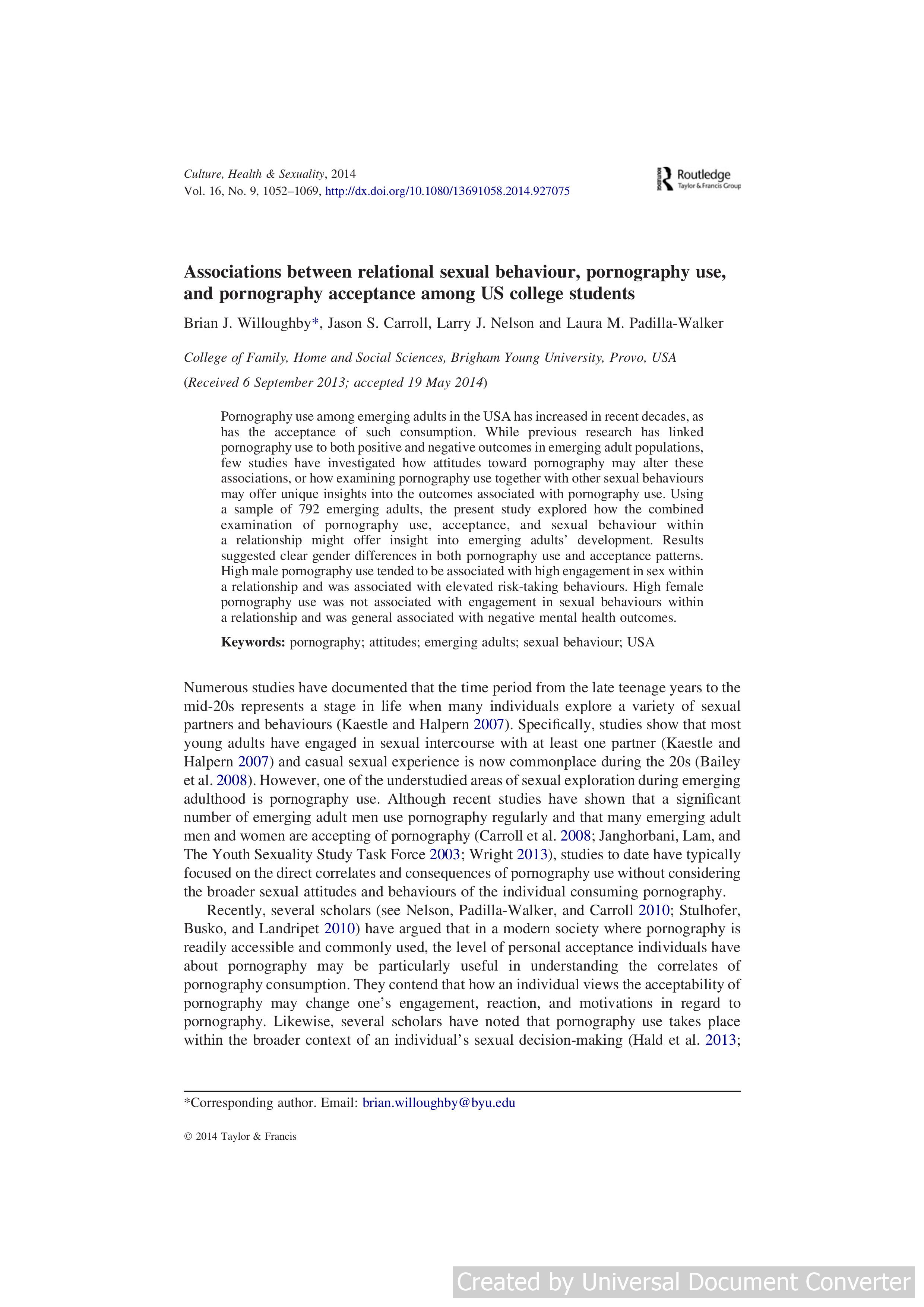 Associations between relational sexual behaviour, pornography use, and pornography acceptance among US college students