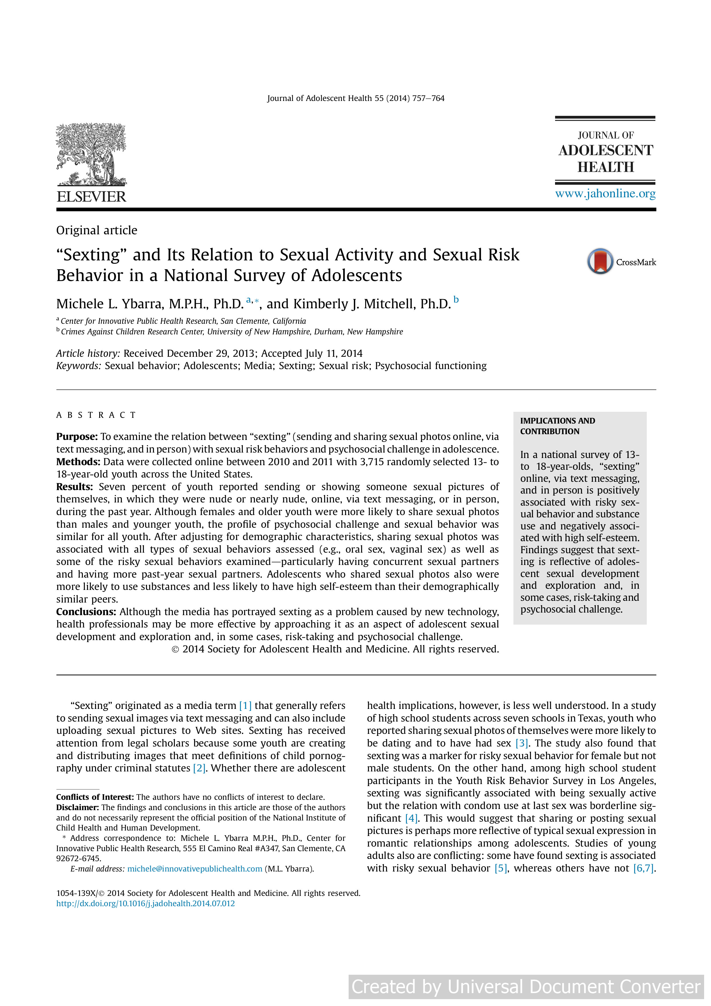 “Sexting” and Its Relation to Sexual Activity and Sexual Risk Behavior in a National Survey of Adolescents