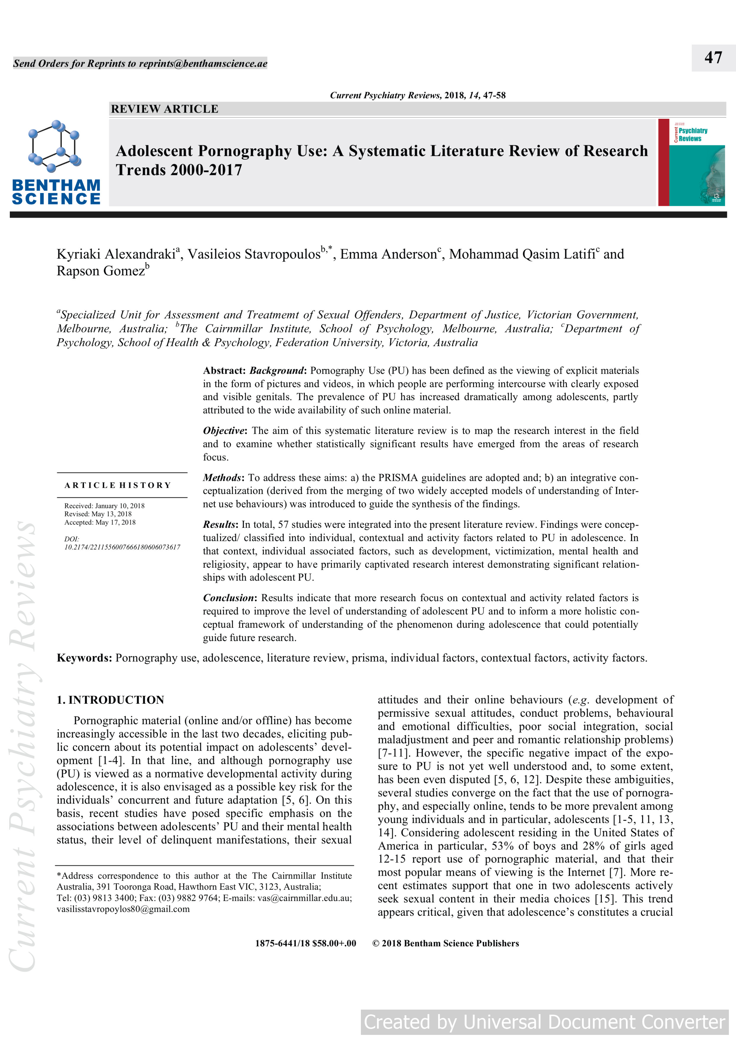 Adolescent Pornography Use: A Systematic Literature Review of Research Trends 2000-2017