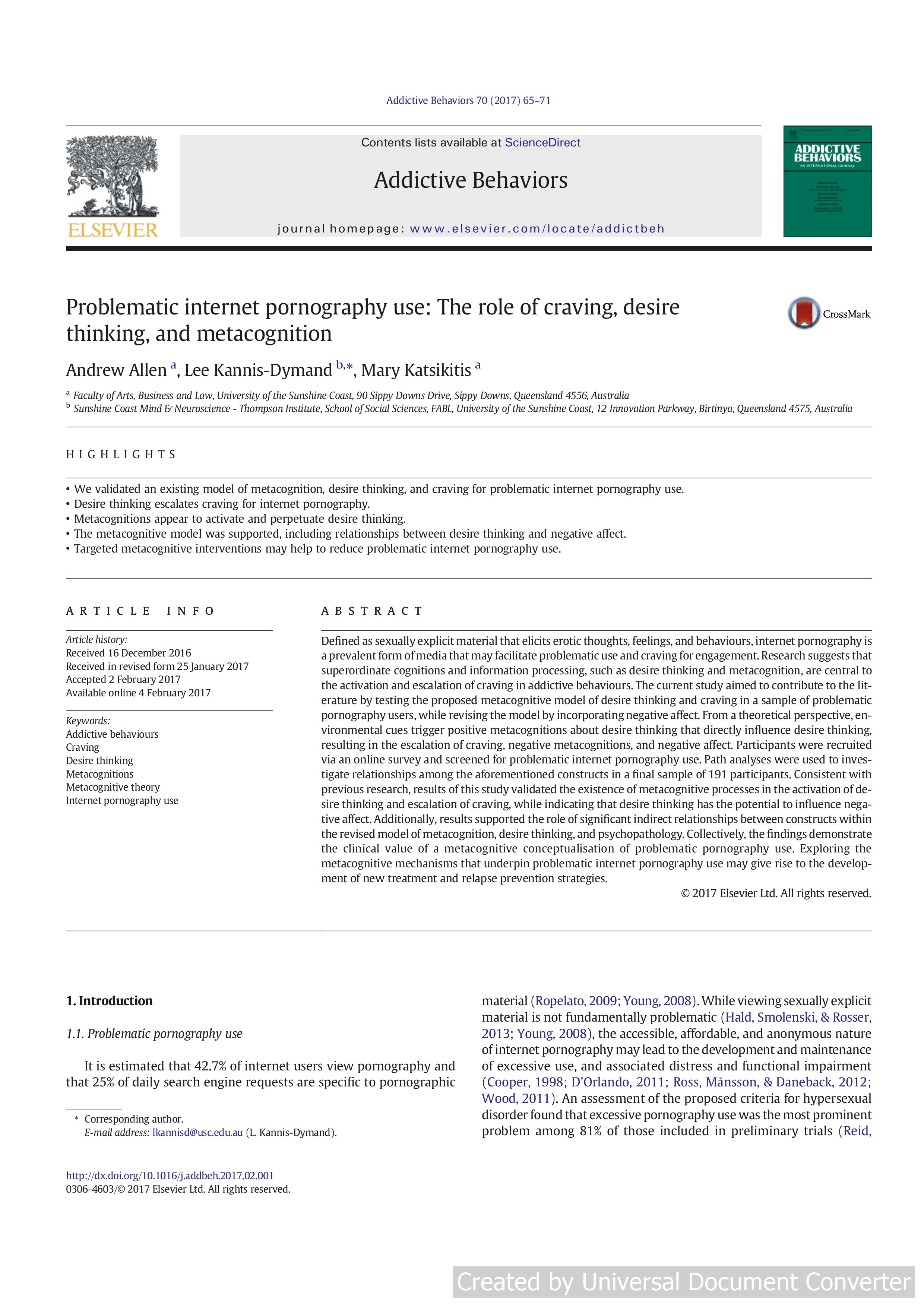 Problematic internet pornography use: The role of craving, desire thinking, and metacognition