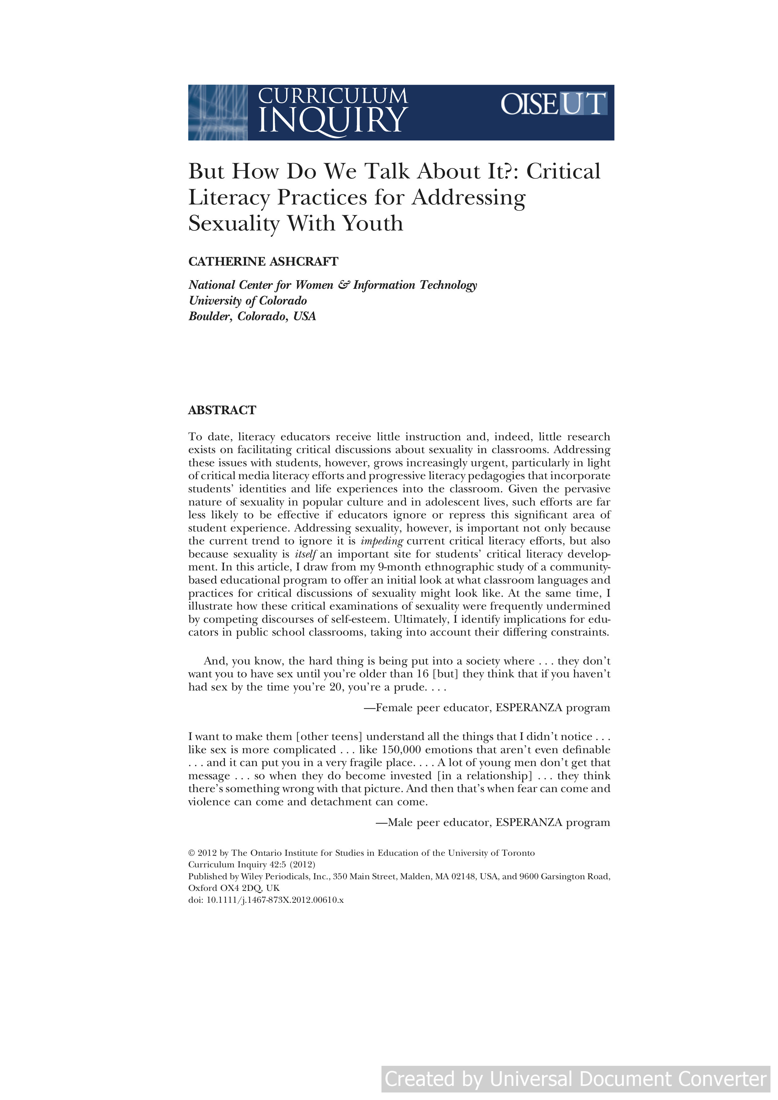 But How Do We Talk About It?: Critical Literacy Practices for Addressing Sexuality With Youth