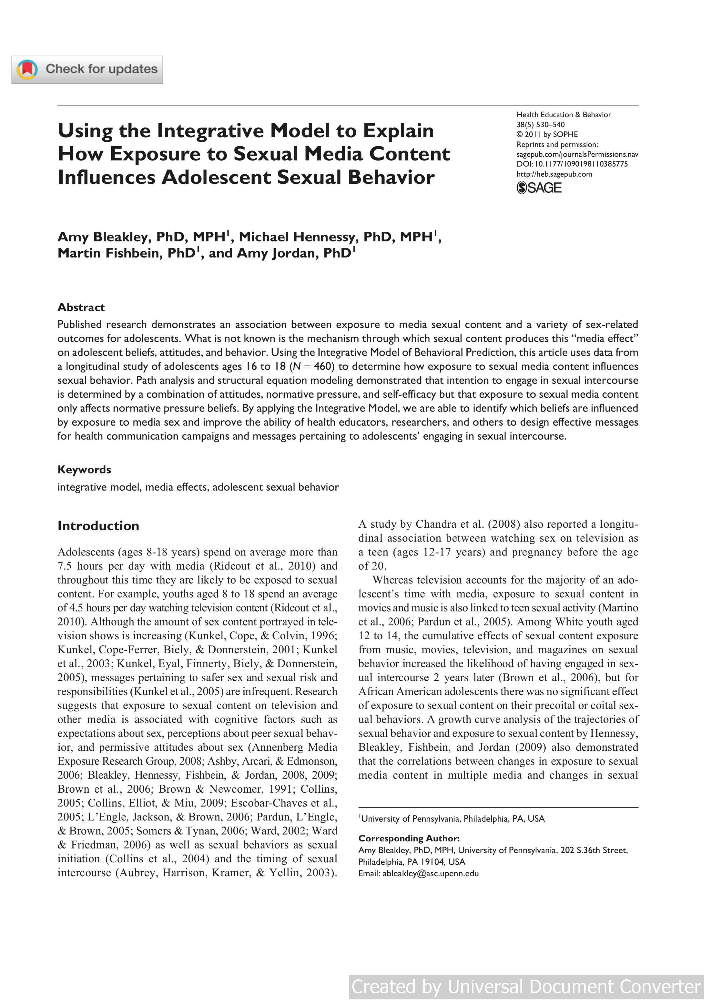 Using the Integrative Model to Explain How Exposure to Sexual Media Content Influences Adolescent Sexual Behavior