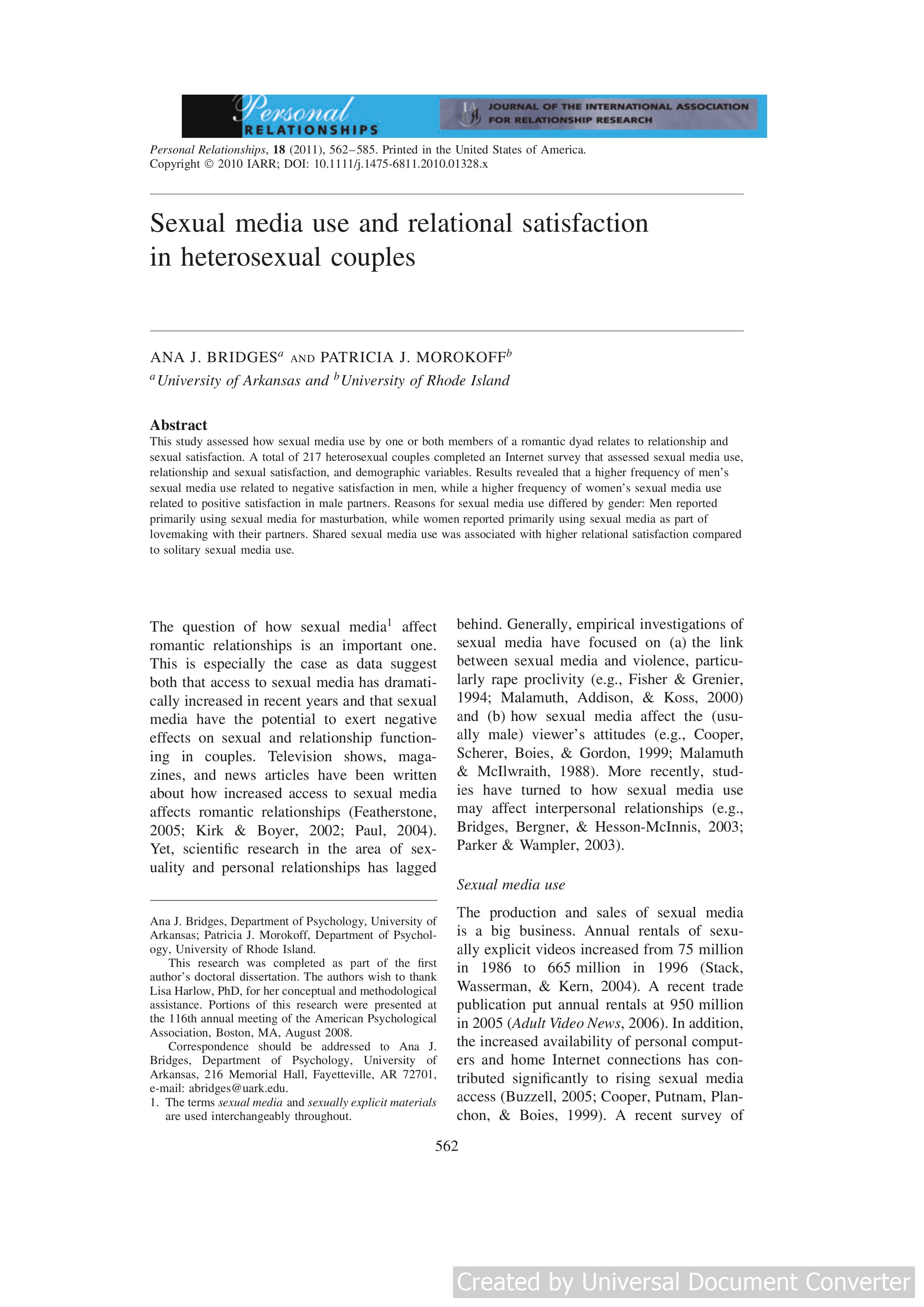Sexual media use and relational satisfaction in heterosexual couples