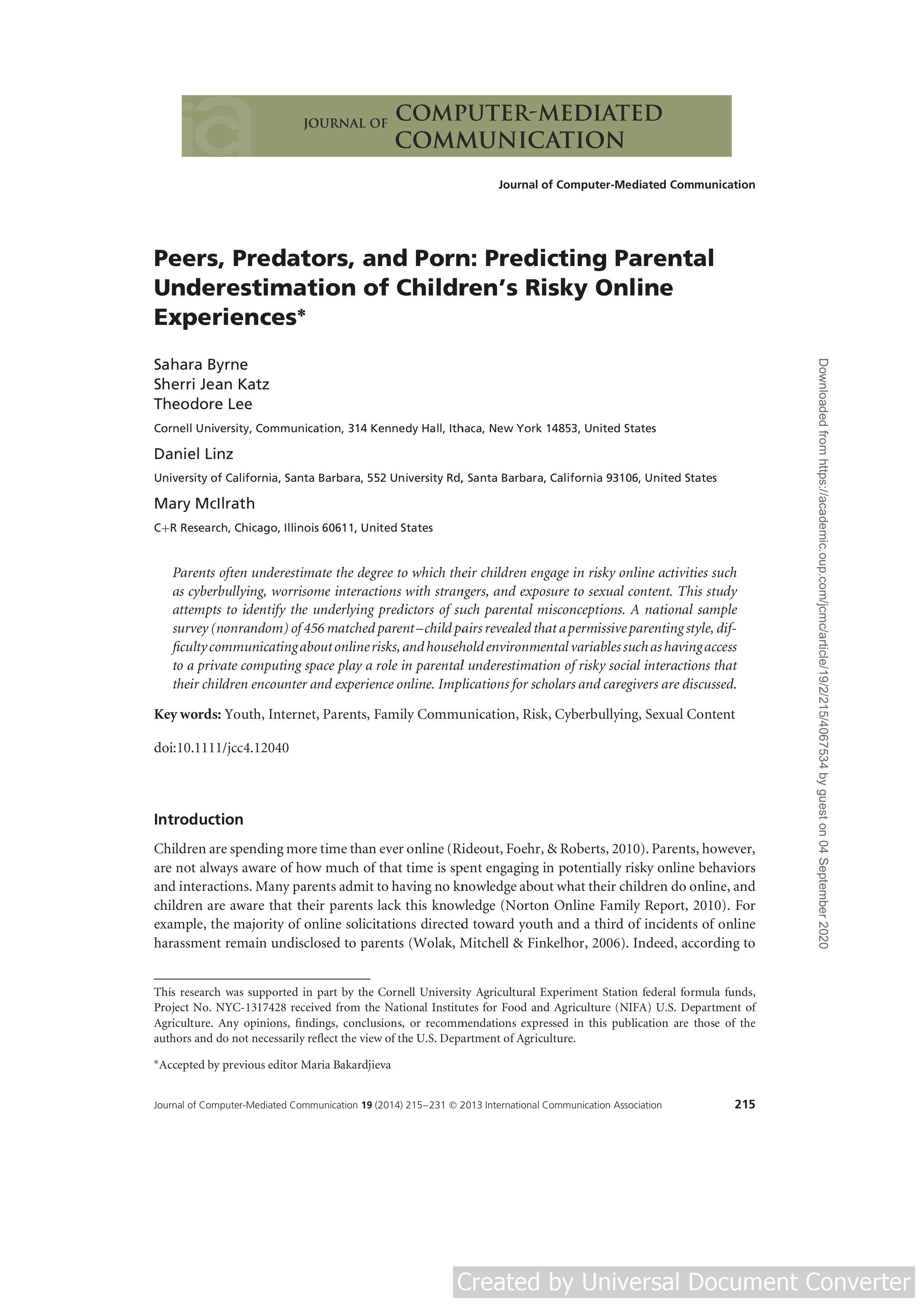 Peers, Predators, and Porn: Predicting Parental Underestimation of Children's Risky Online Experiences