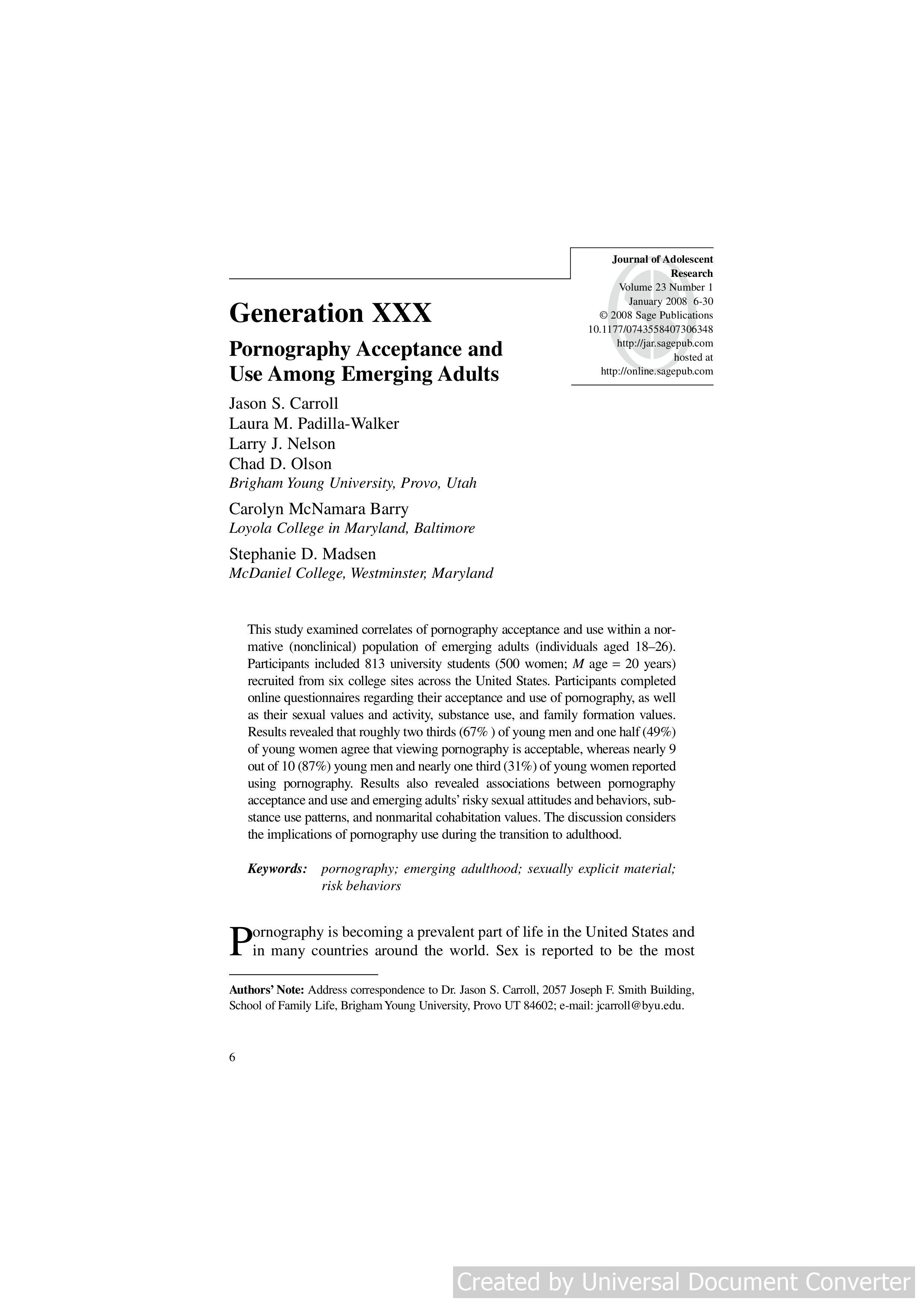 Generation XXX: Pornography Acceptance and Use Among Emerging Adults