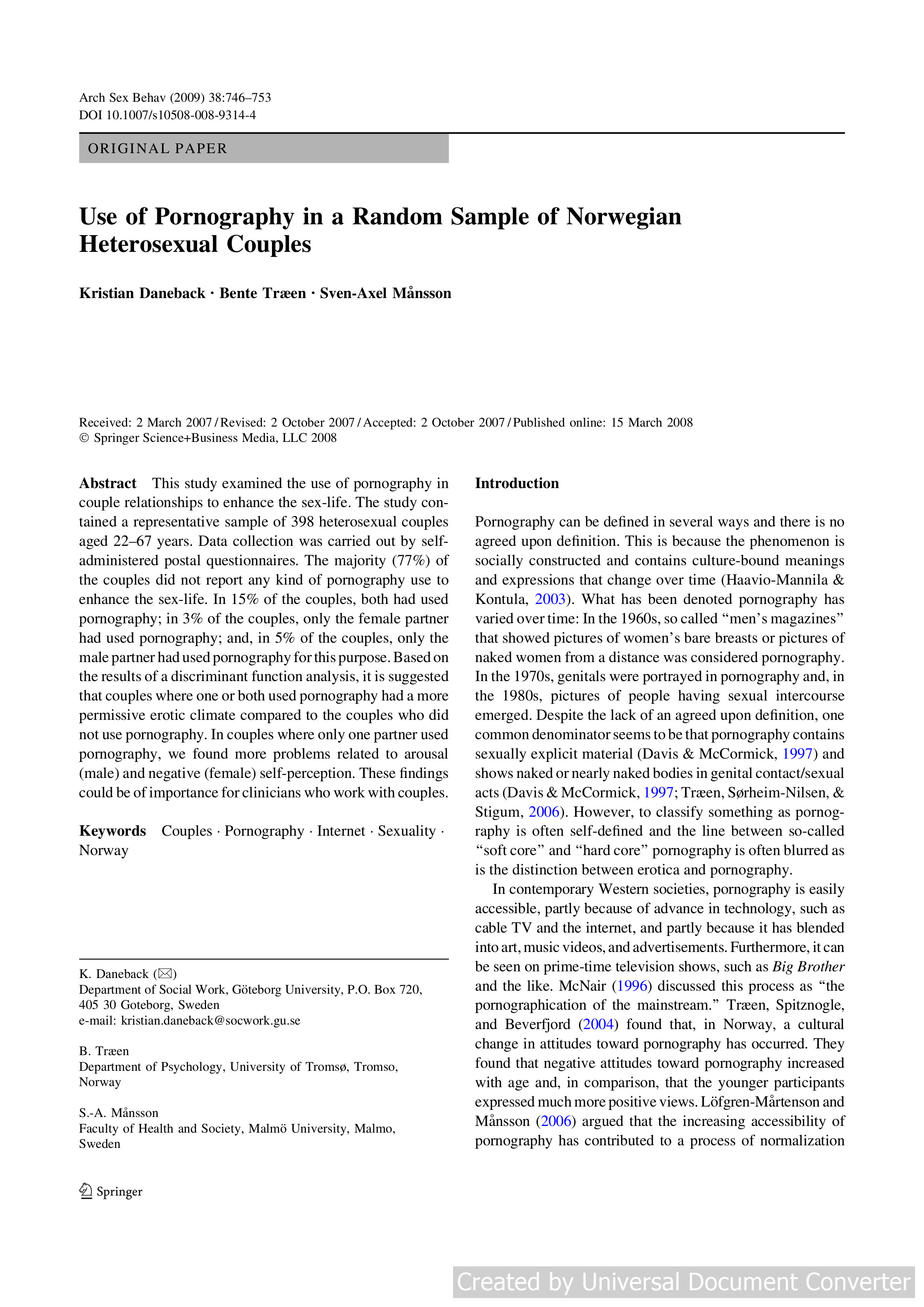 Use of Pornography in a Random Sample of Norwegian Heterosexual Couples