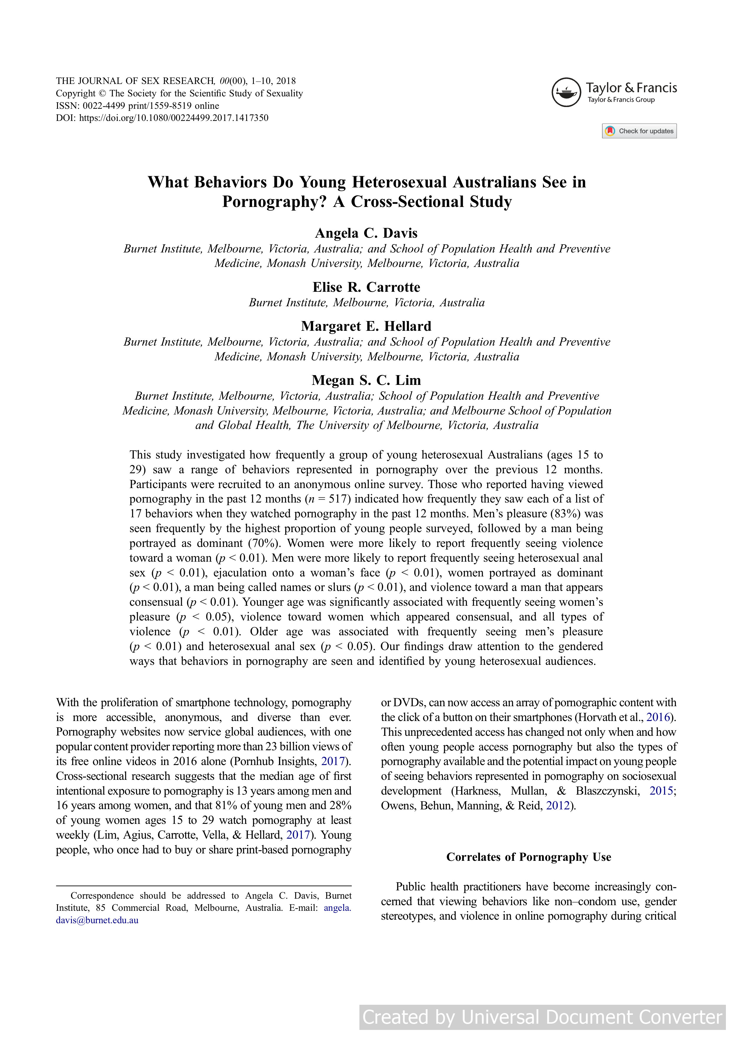 What Behaviors Do Young Heterosexual Australians See in Pornography? A Cross-Sectional Study