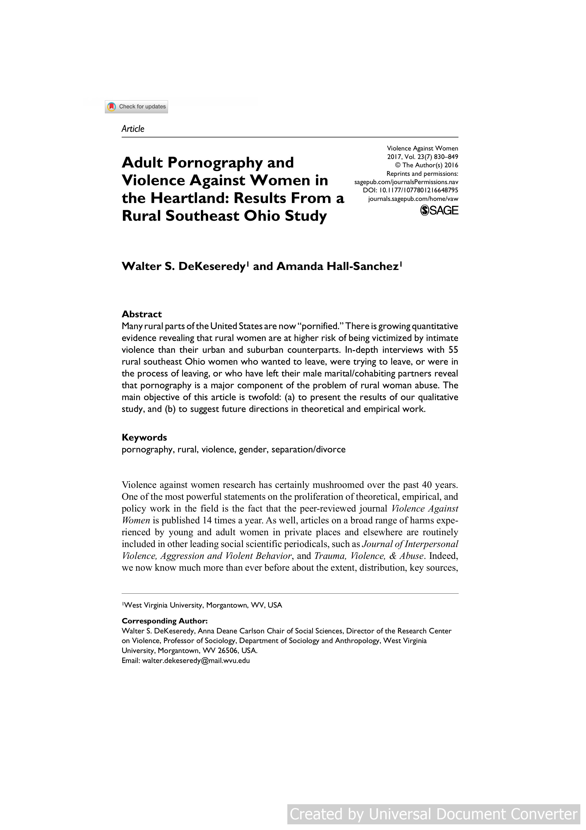 Adult Pornography and Violence Against Women in the Heartland: Results From a Rural Southeast Ohio Study