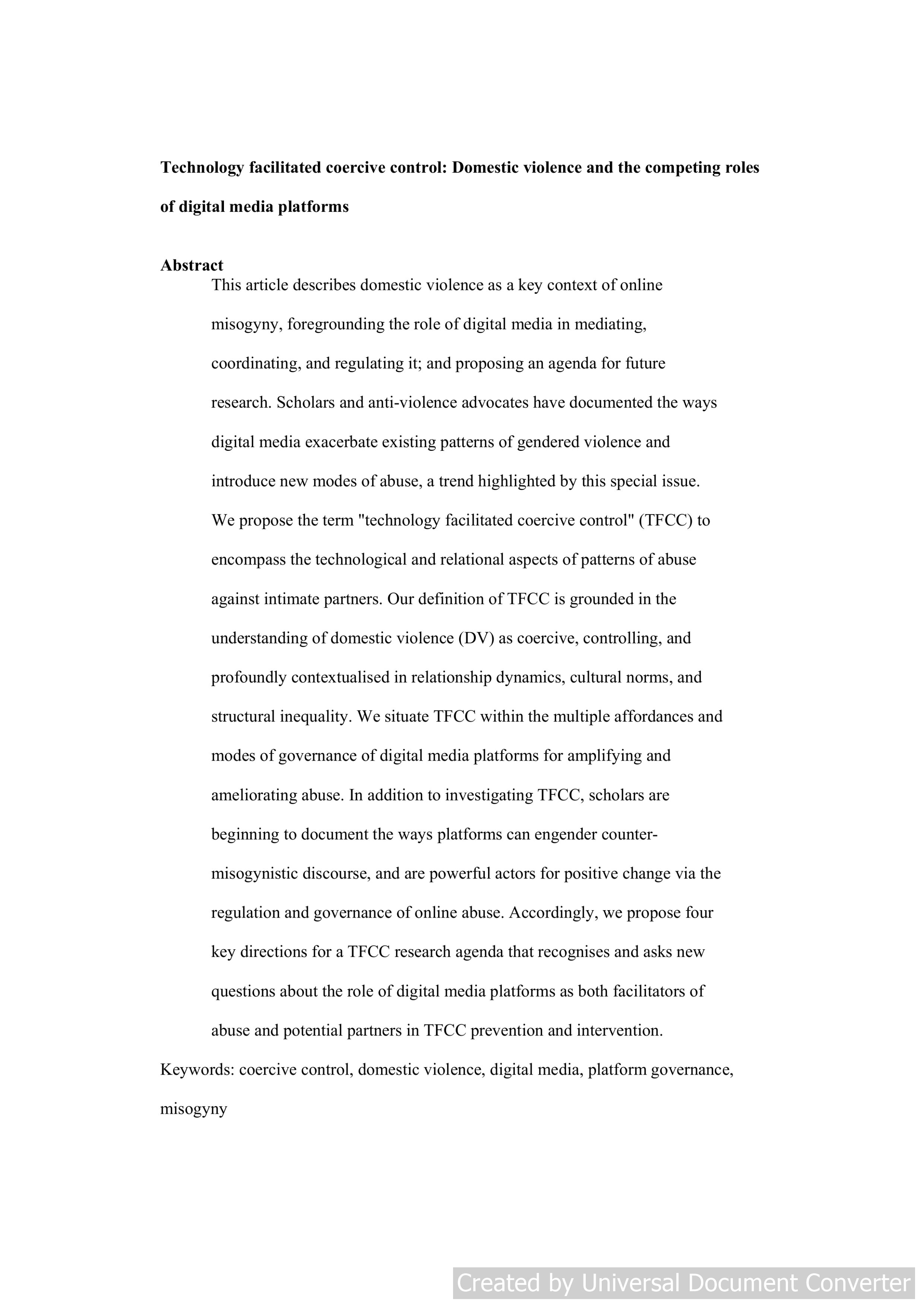 Technology facilitated coercive control: domestic violence and the competing roles of digital media platforms