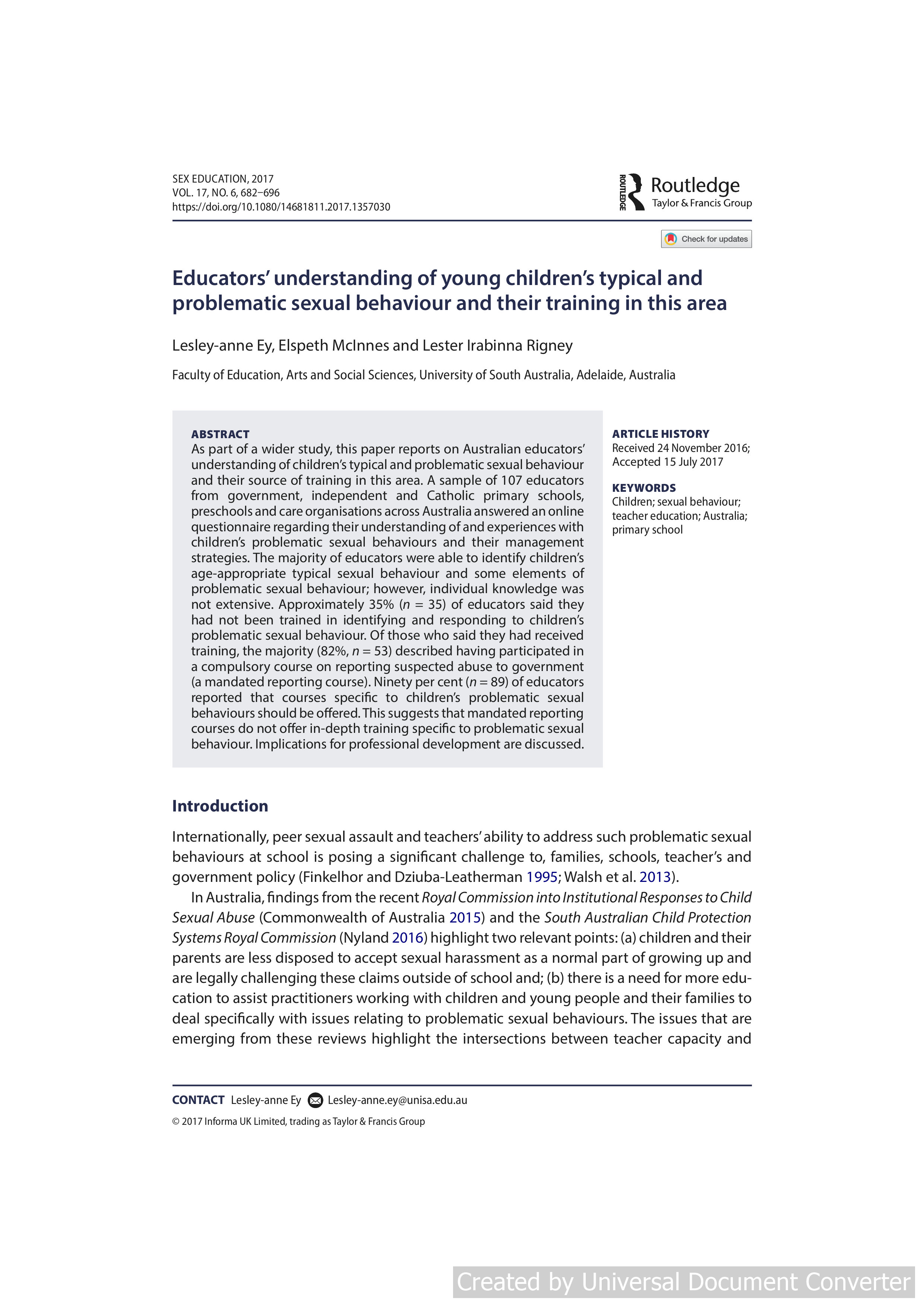 Educators’ understanding of young children’s typical and problematic sexual behaviour and their training in this area