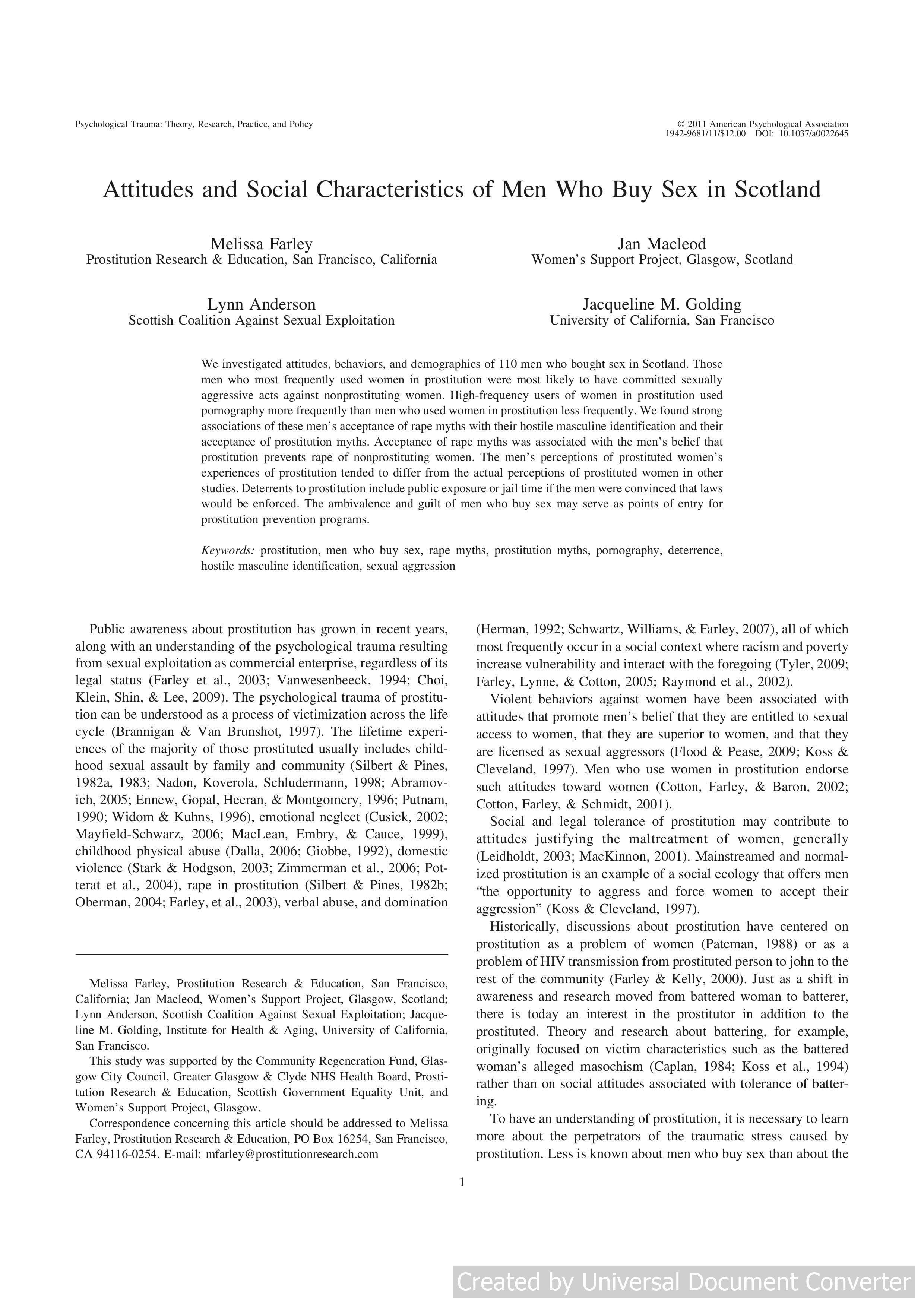Attitudes and social characteristics of men who buy sex in Scotland.