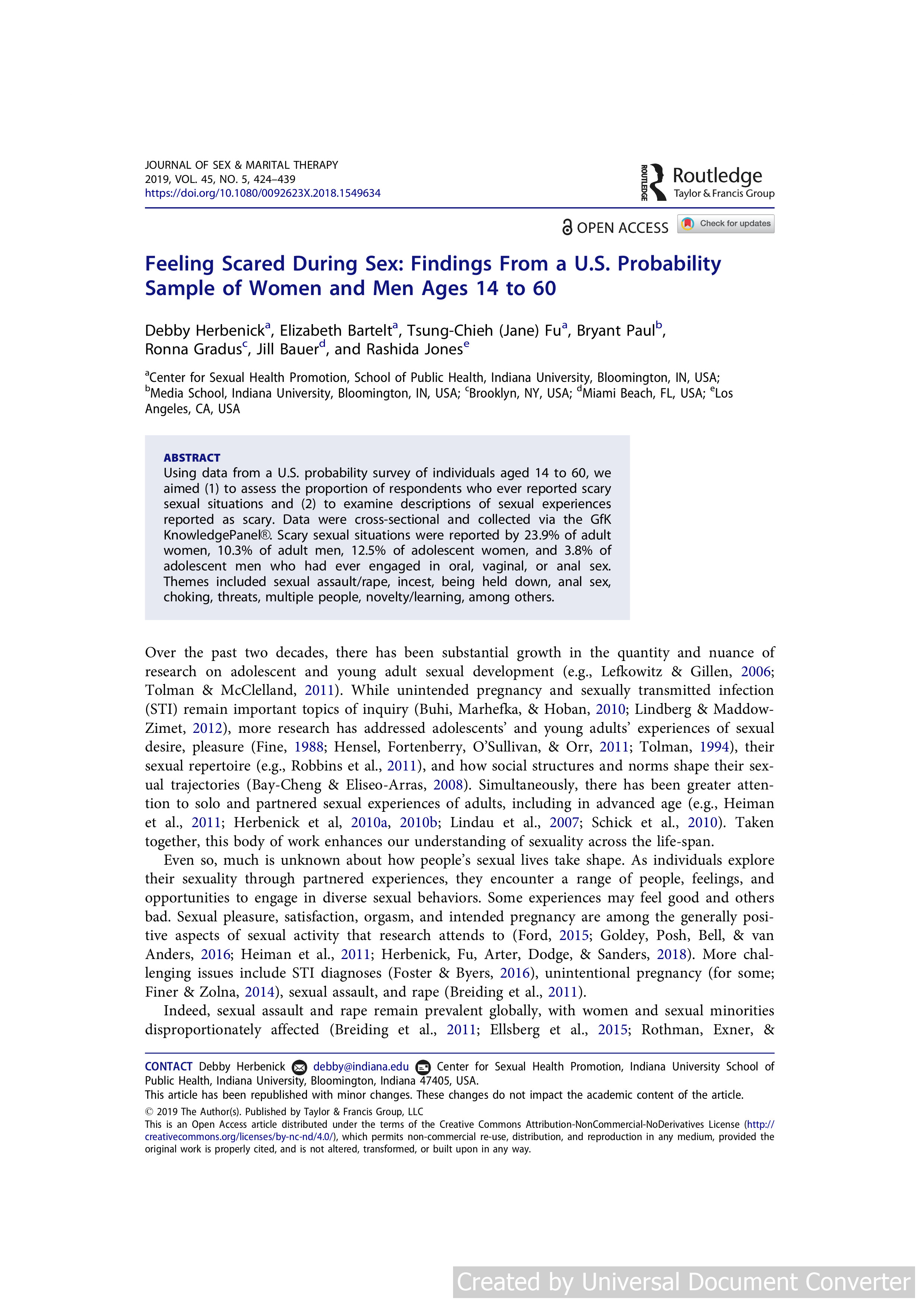 Feeling Scared During Sex: Findings From a U.S. Probability Sample of Women and Men Ages 14 to 60