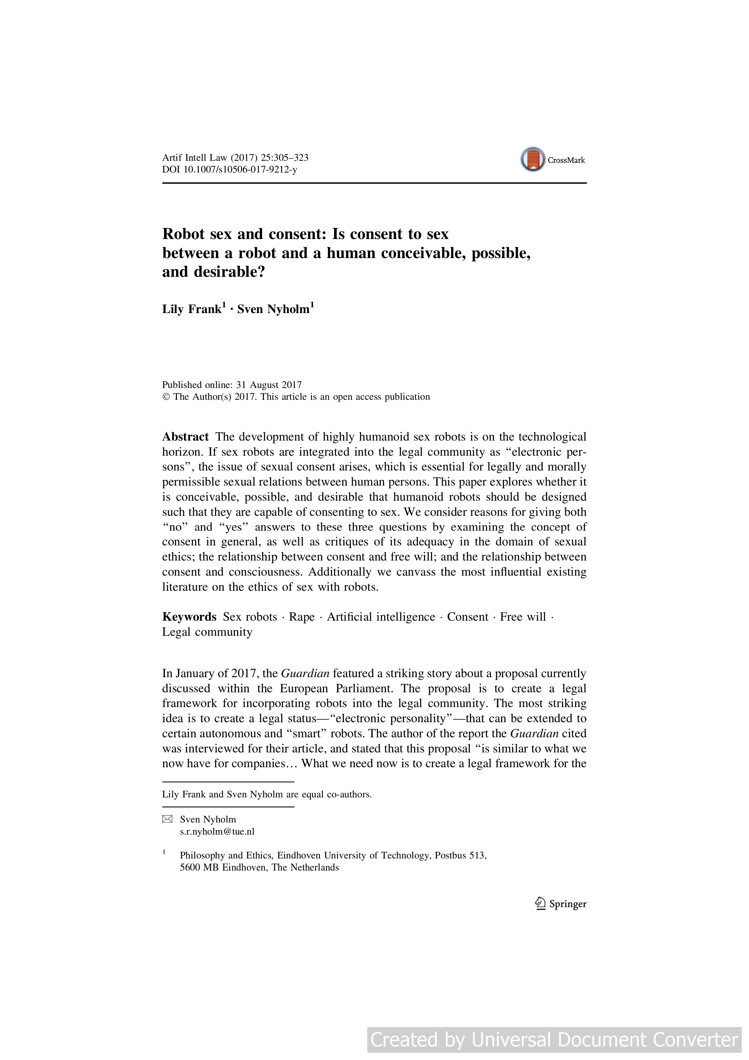 Robot sex and consent: Is consent to sex between a robot and a human conceivable, possible, and desirable?
