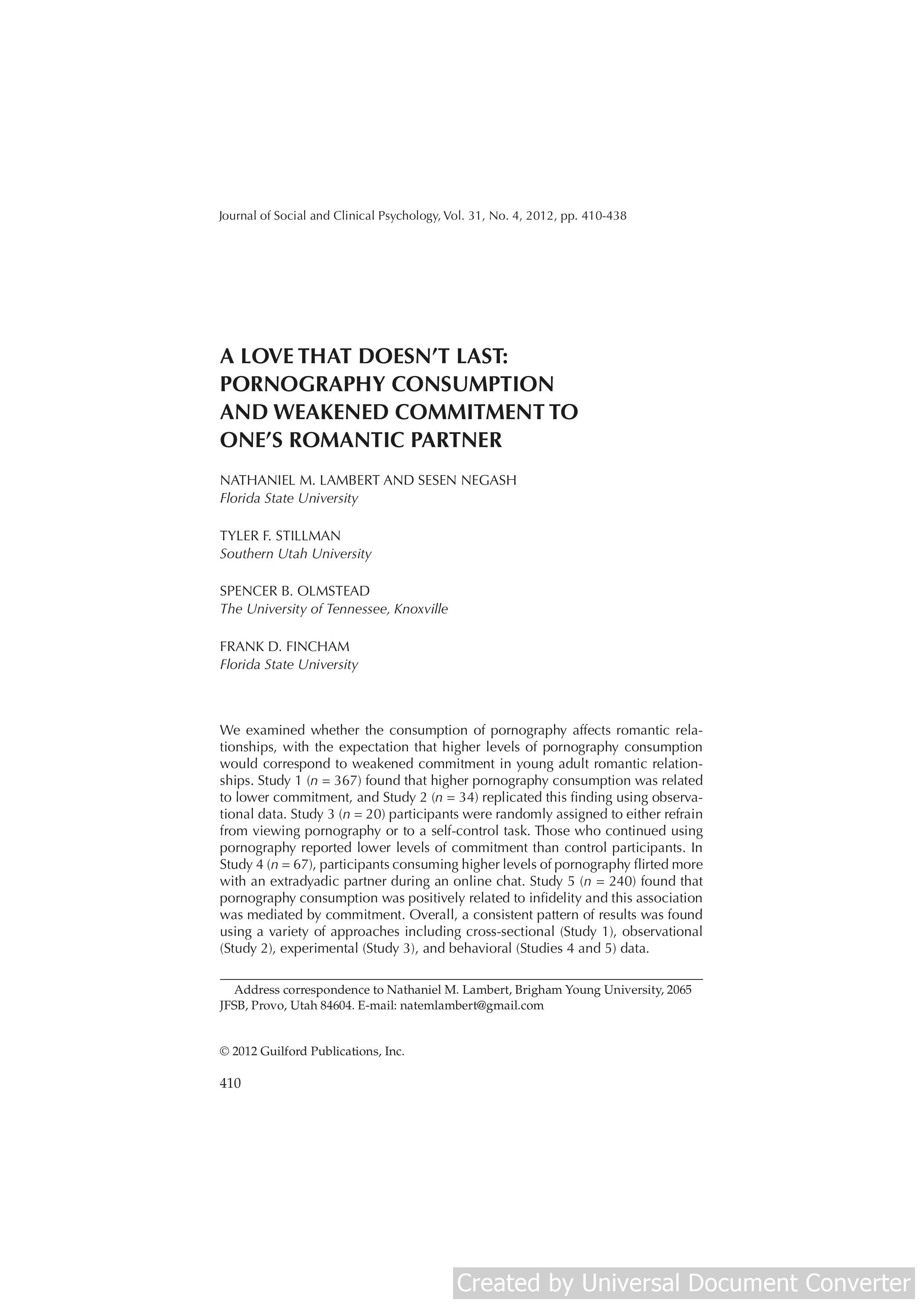 A Love That Doesn't Last: Pornography Consumption and Weakened Commitment to One's Romantic Partner
